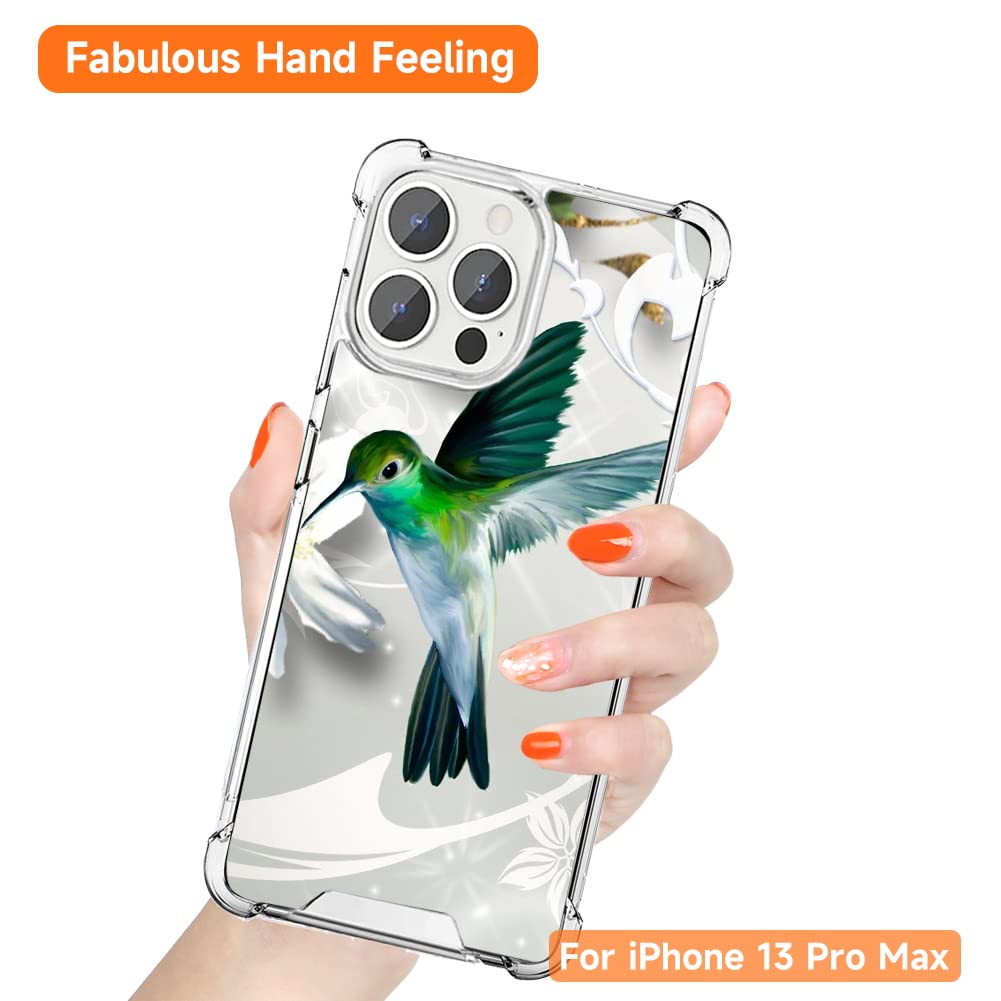 Premium Clear Shockproof Phone Case for iPhone 13 Pro Max - Elegant Green Hummingbird Design with 4-Corner Protection | Slim Protective Cover for Everyday Use, Outdoor Activities & Travel