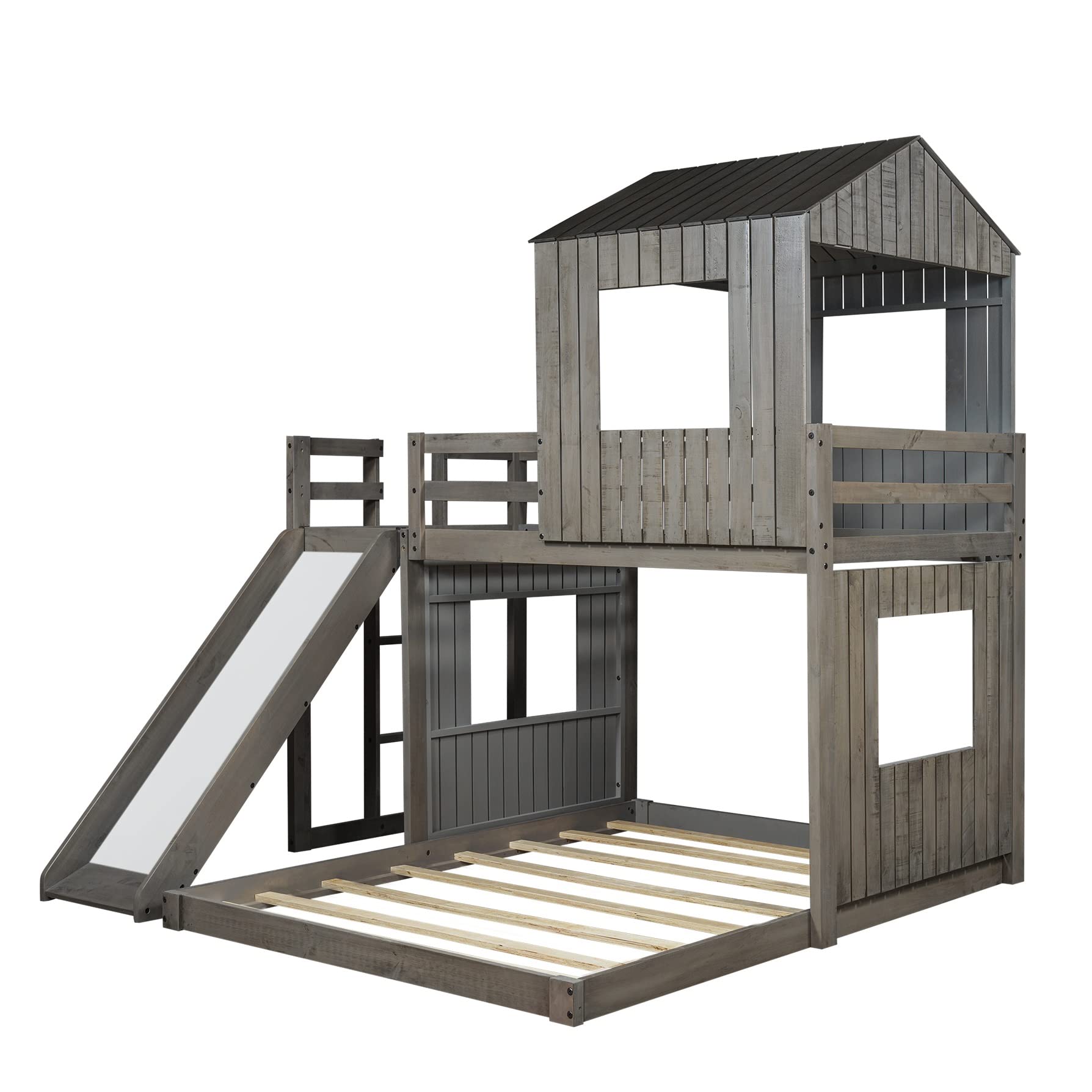 Twin Over Full Bunk Bed with Slide - House Shaped Kids Bunk Bed Frame with Safety Guardrails & Ladder - Antique Gray - Perfect for Teens, Boys & Girls Bedrooms, Dorms or Vacation Homes