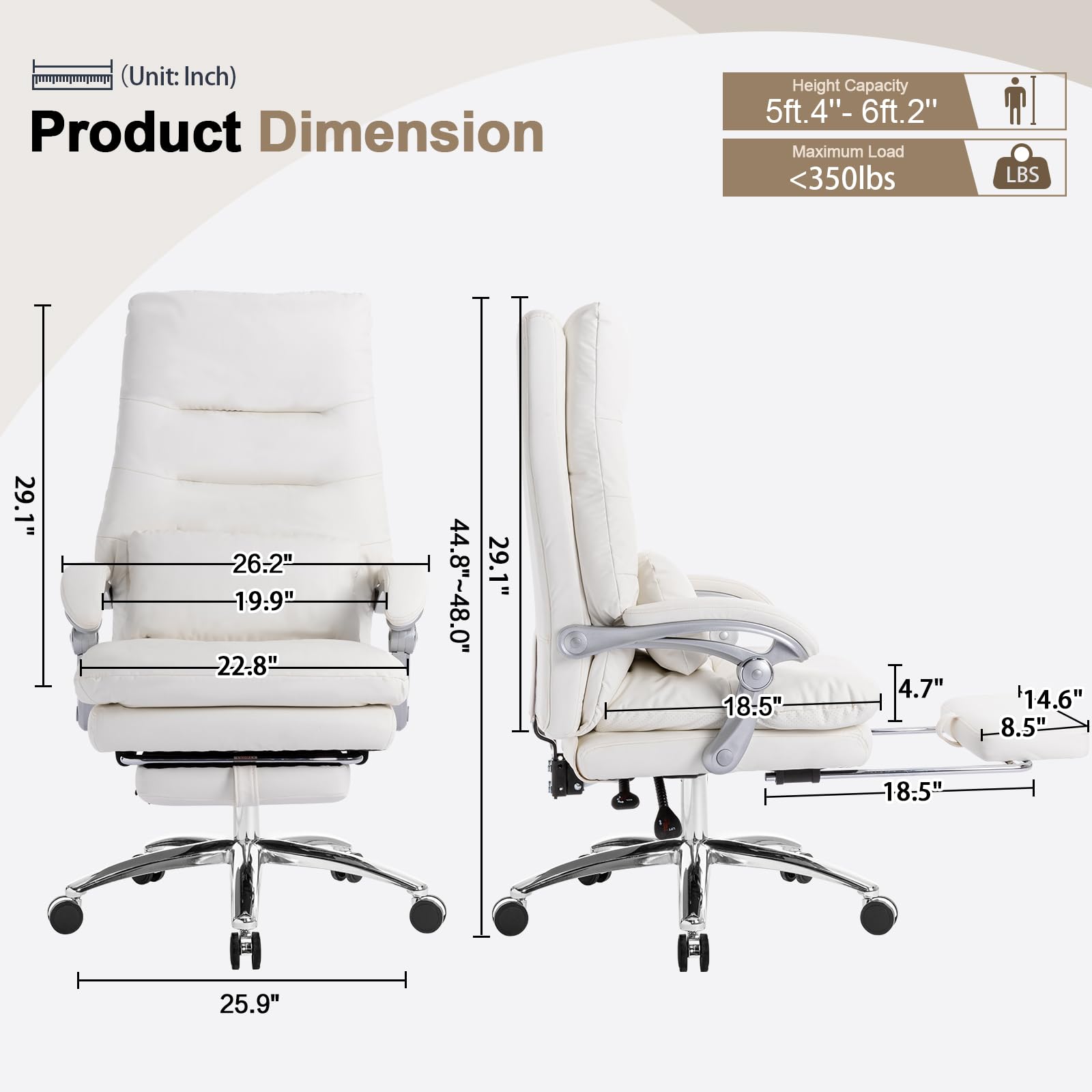 Ergonomic Office Chair with Footrest - High Back Executive Desk Chair with Padded Adjustable Armrests, Reclining Swivel Chair with Wheels & Double Thick Cushion for Comfort (Cream White) - Perfect for Home Office, Gaming, and Workspaces