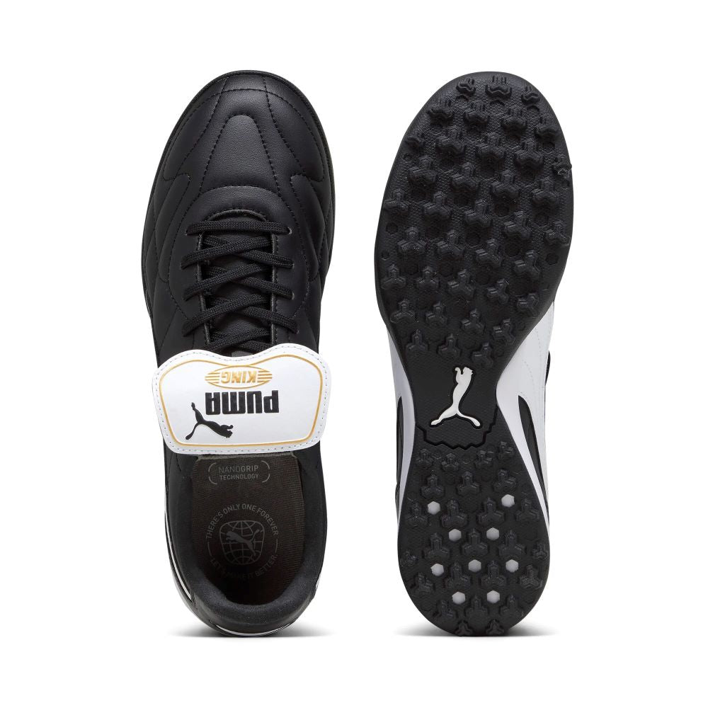 Puma King Top TT Turf Football Shoes for Men - Black/White/Gold - Soccer Cleats for Artificial Grass - Perfect for Training & Matches