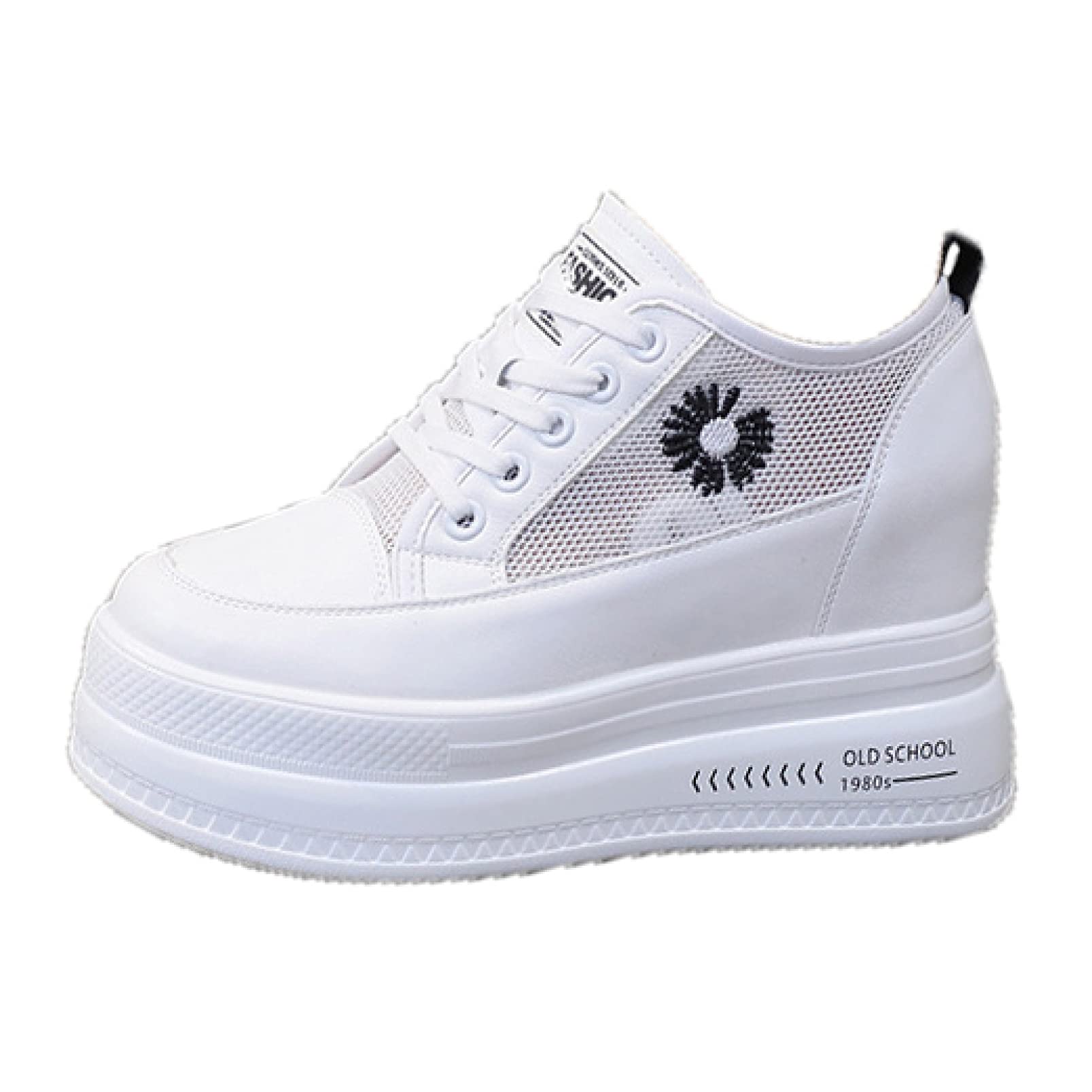 CYBLING Women's Fashion High Heel Sneakers - Mesh Upper with Daisy Pattern, Platform Elevator Shoes for Dating, Party & Casual Wear - Trendy Comfortable Walking Shoes for Women