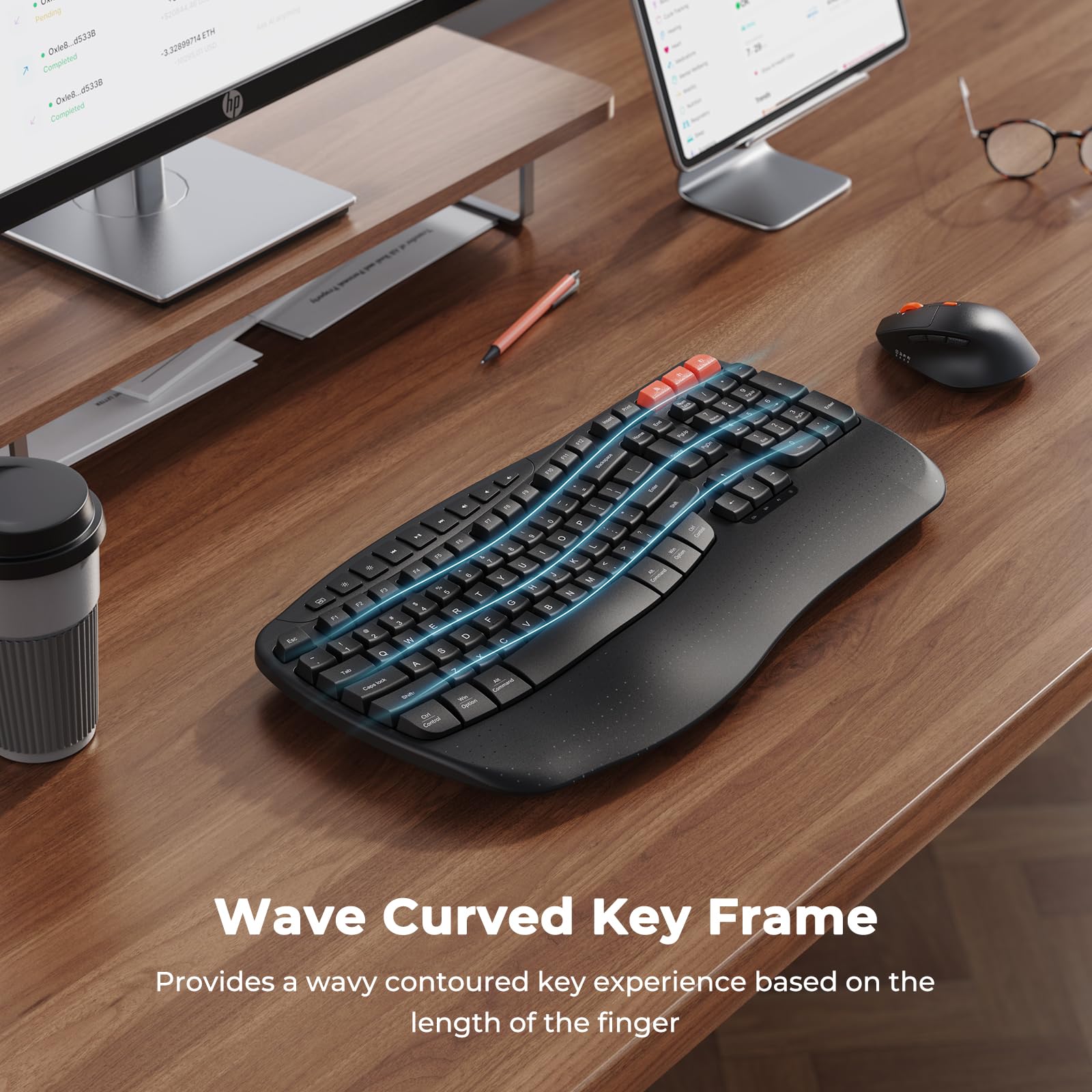 MEETION Wave Ergonomic Wireless Keyboard and Mouse Combo - Bluetooth/USB Connectivity with Wrist Rest, 4 DPI Adjustable Silent Mouse, Rechargeable for Windows/Mac/Android (Black) - Perfect for Office Work, Gaming & Long Typing Sessions