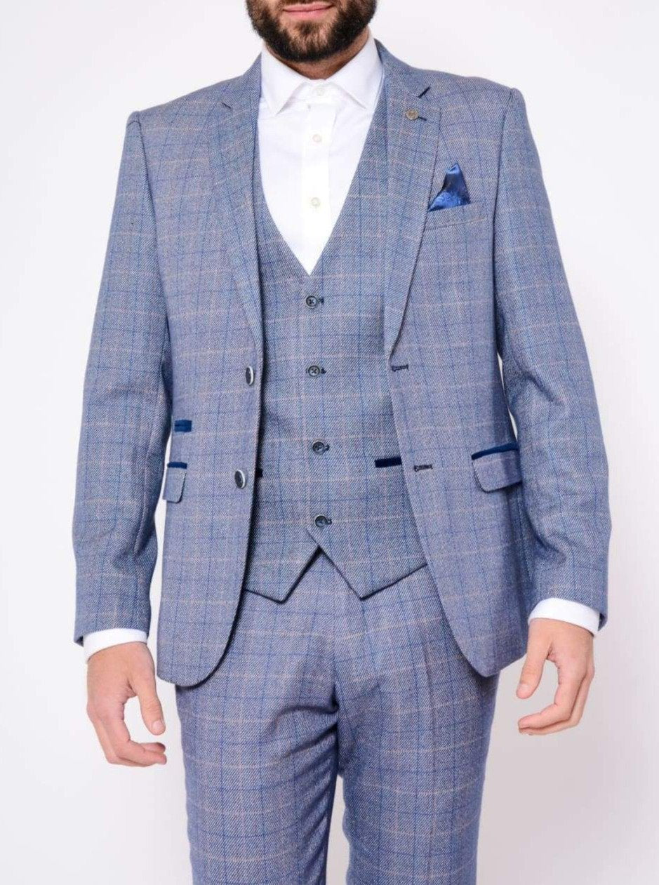 Marc Darcy Harry Light Blue Tweed Check Suit Blazer - Men's Slim Fit Formal Jacket for Weddings, Business & Special Occasions