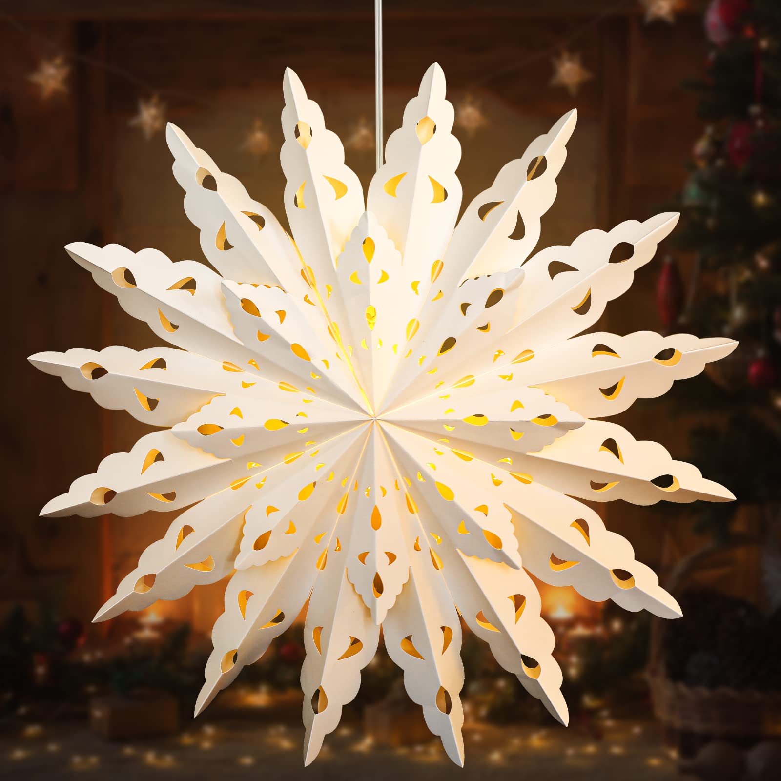 23.6 Inch Christmas Star Snowflake Paper Lantern with Timer - Battery Operated Hanging Decor for Holiday Party, Wedding, Birthday, Christmas Tree - Classic Style Home Celebration Decoration