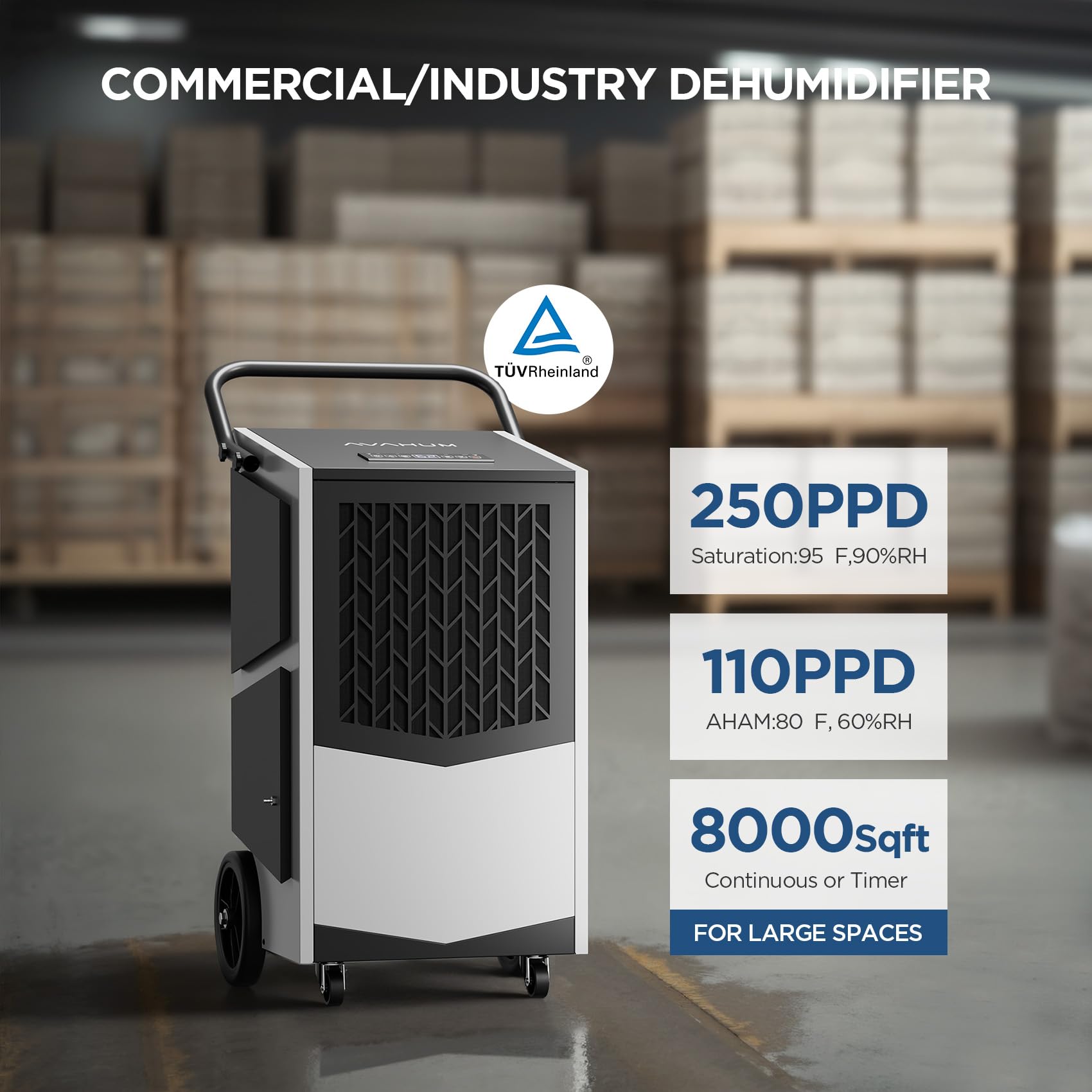 250 Pint Commercial Dehumidifier with Built-in Pump & Drain Hose - Heavy Duty 8000 Sq.Ft Industrial Dehumidification for Basements, Warehouses, Grow Rooms - 24H Timer & Continuous Drainage for High Humidity Areas
