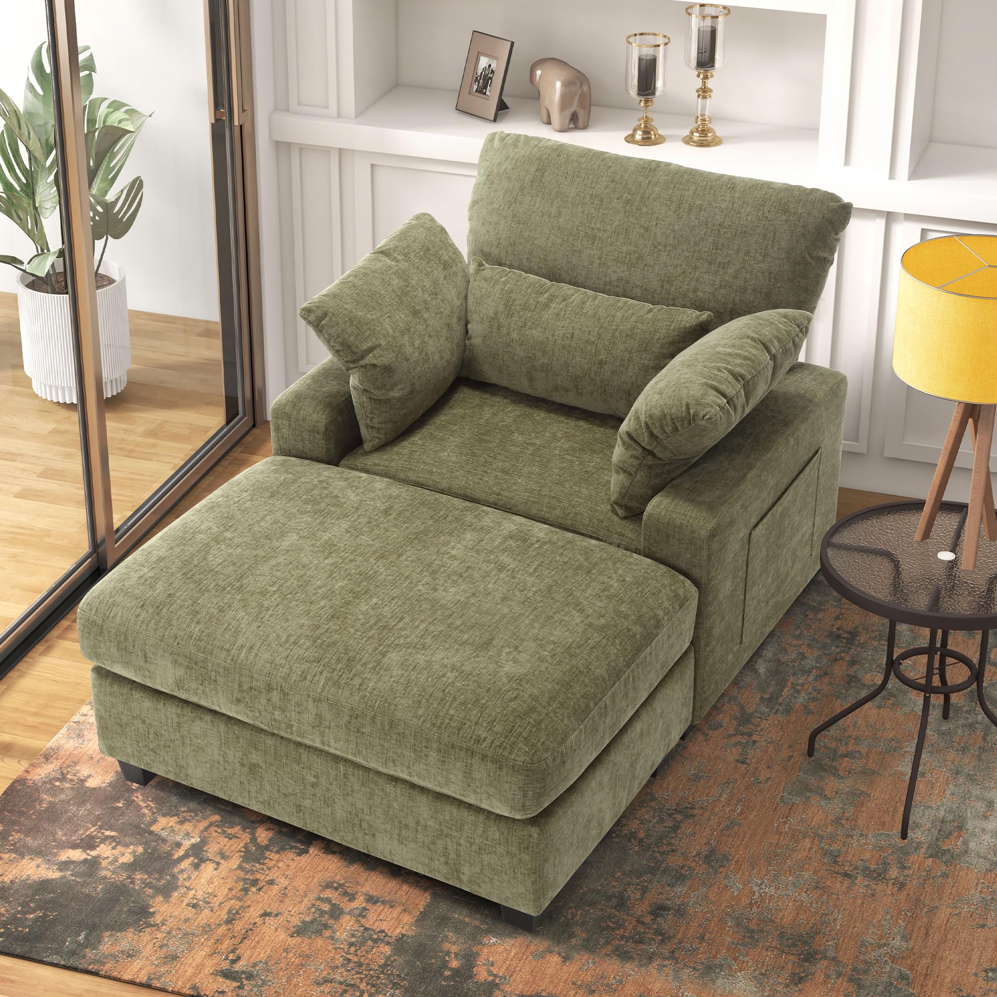 Ihanherry Oversized Chaise Lounge Chair with Ottoman - Chenille Upholstered Sleeper Sofa for Bedroom & Living Room (Green) - Perfect for Relaxing & Napping