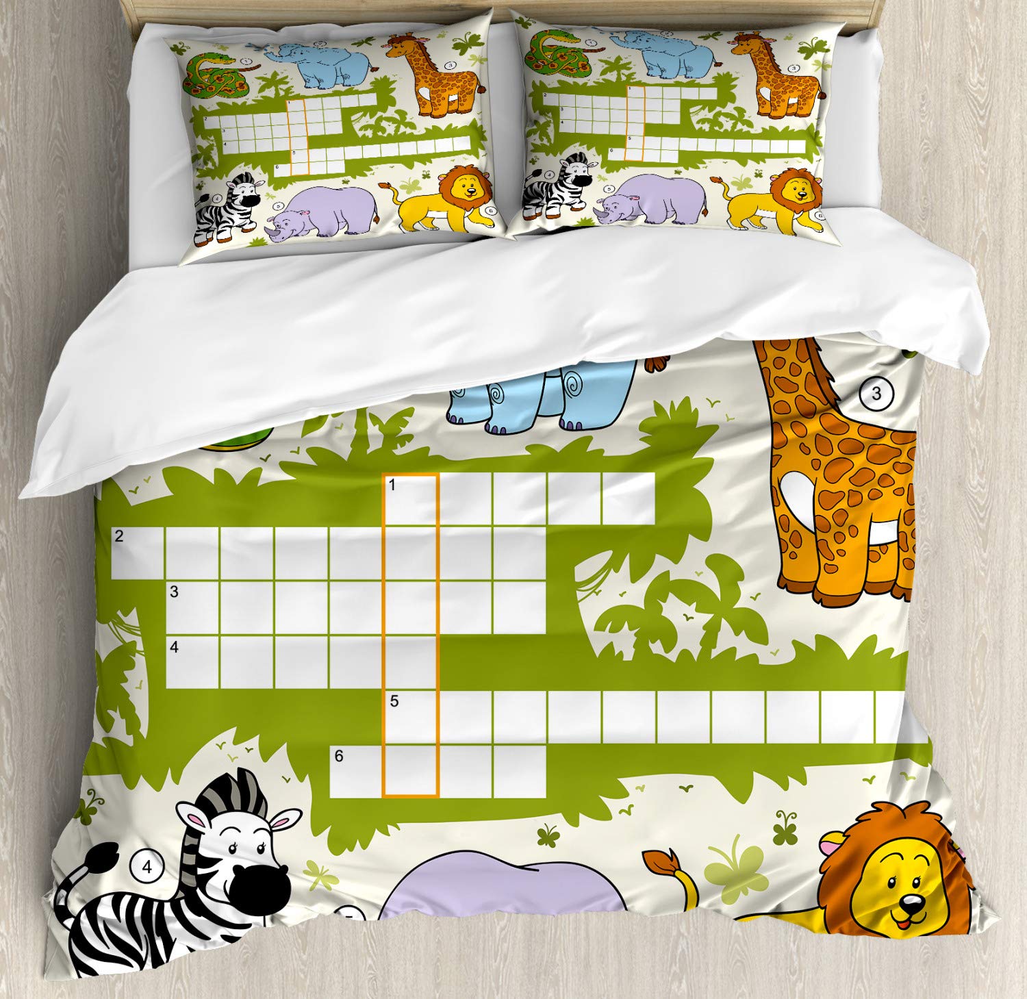 Ambesonne Word Search Game Duvet Cover Set - Colorful Crossword Puzzle Design with Wild Jungle Savannah Animals Print, 3-Piece Bedding Set Includes 2 Pillow Shams for California King Size Bed - Perfect for Kids' Rooms, Game Themed Bedrooms, and Animal Lovers' Home Decor