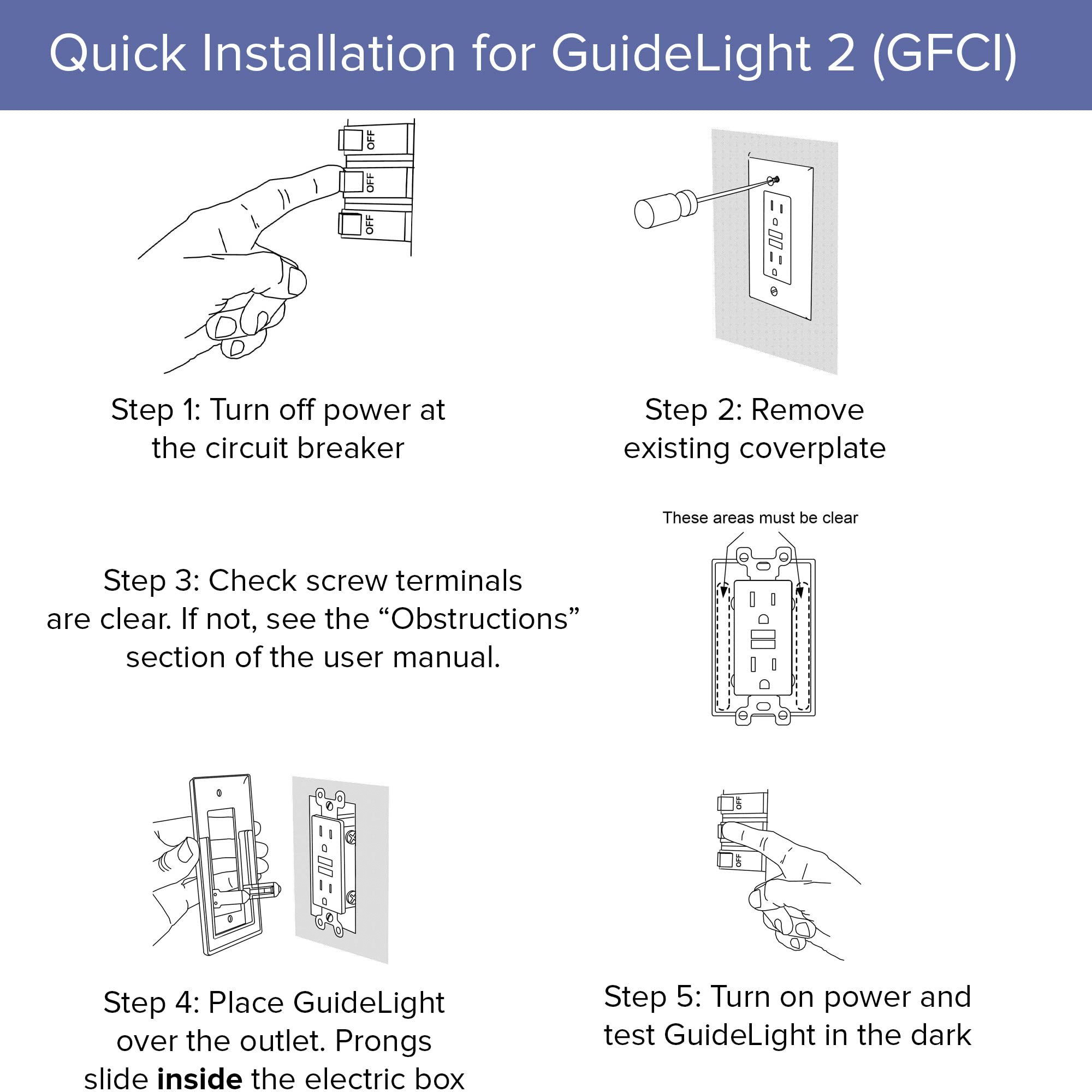 SnapPower 6 Pack GuideLight 2 GFCI Outlet Cover with LED Night Light - Auto On/Off Sensor - Black Electrical Wall Plate - Replaces Plug-in Night Light - Perfect for Hallways, Bathrooms & Bedrooms
