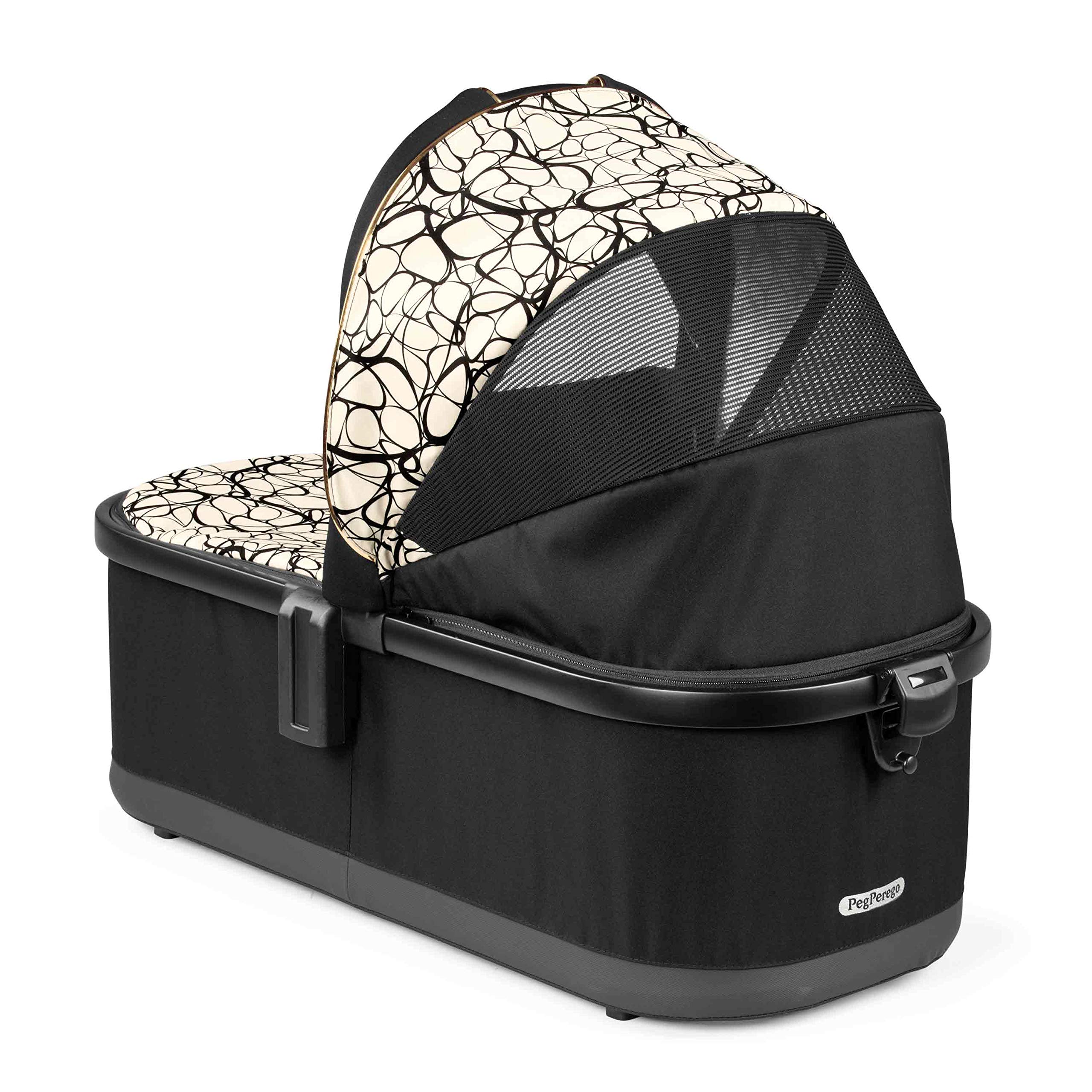 Peg Perego Bassinet with Home Stand for Ypsi, Veloce, Vivace Strollers - Black & Gold Graphic Design | Safe & Comfortable Baby Sleeper for Nursery, Bedroom, Travel