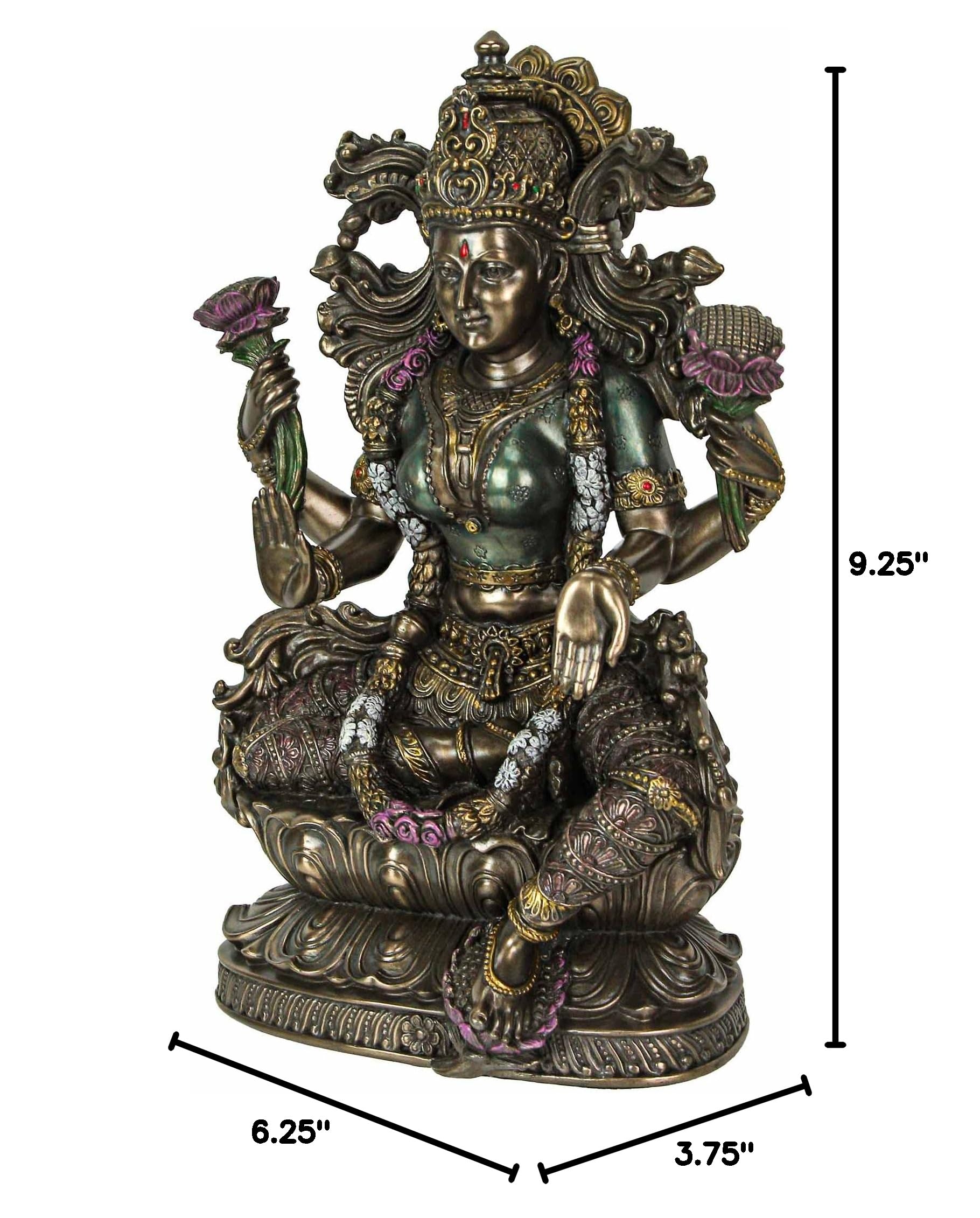 Veronese Design 9.5 Inch Lakshmi Hindu Goddess Statue - Cold Cast Bronzed Resin, Sitting on Lotus, Religious Figurine & Spiritual Collectible - Perfect for Home Altar, Meditation Space, or Cultural Decor