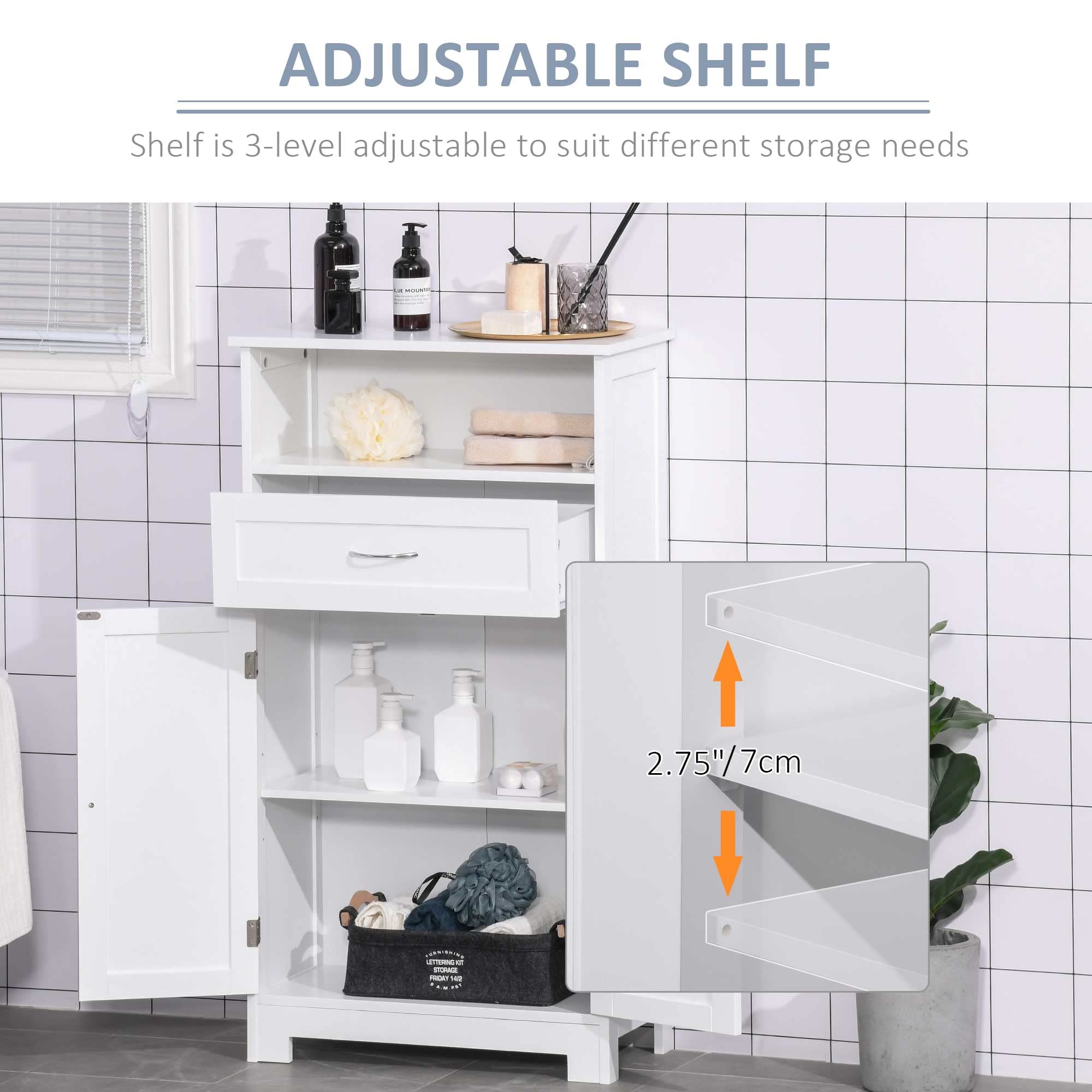 Kleankin Modern Bathroom Floor Cabinet - Free Standing Storage Organizer with Drawer & Adjustable Shelf, White - Perfect for Bathroom, Laundry Room & Bedroom Storage Organization