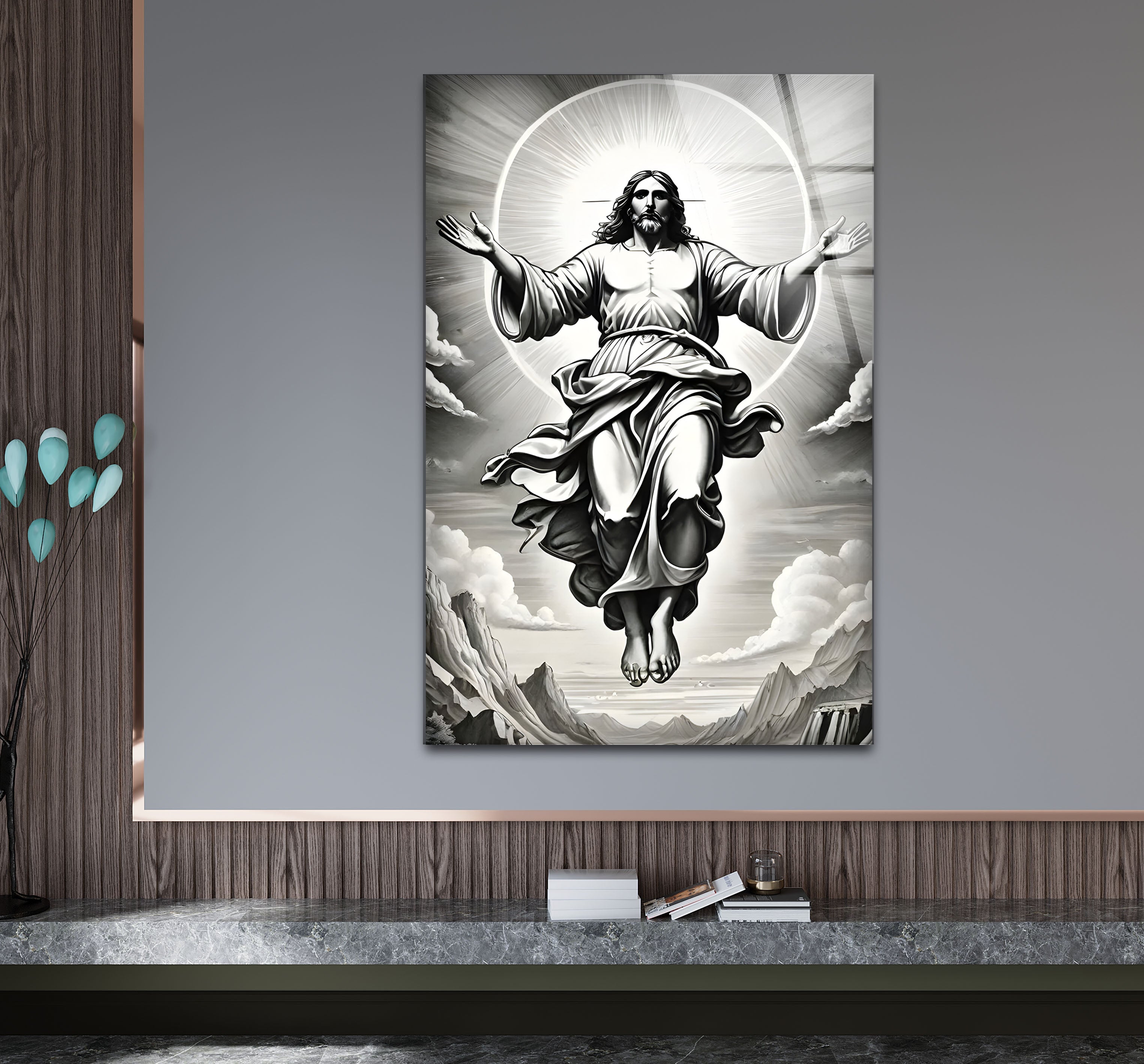 Black and White Jesus Christ Glass Wall Art - Religious Home Decor for Living Room, Bedroom & Church