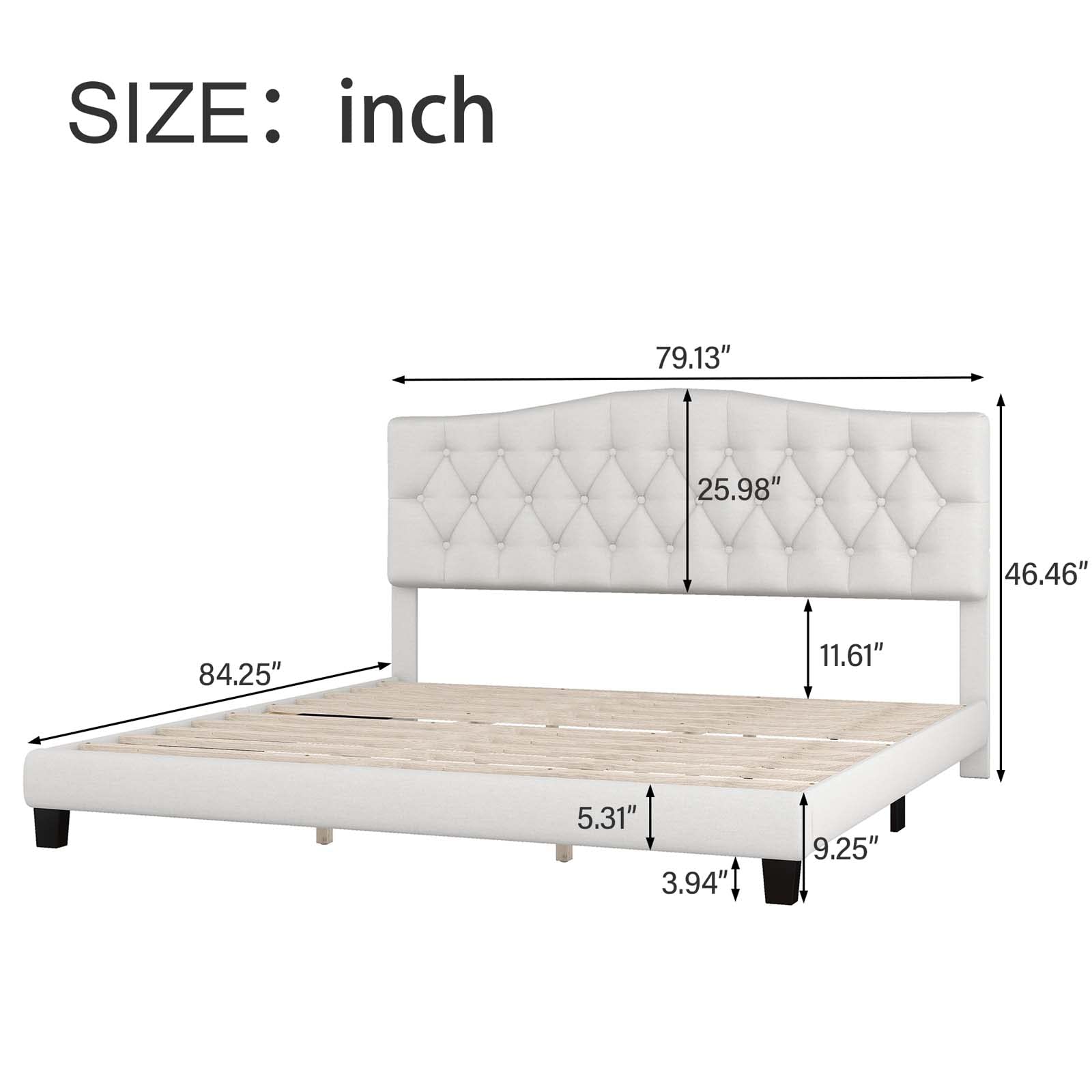 King Size Linen Upholstered Platform Bed Frame with Tufted Headboard - Sturdy Wooden Slat Support, Noise Free Design, No Box Spring Needed, Under Bed Storage Space - Perfect for Master Bedroom, Guest Room, Kids Room and Teen Bedroom (King)