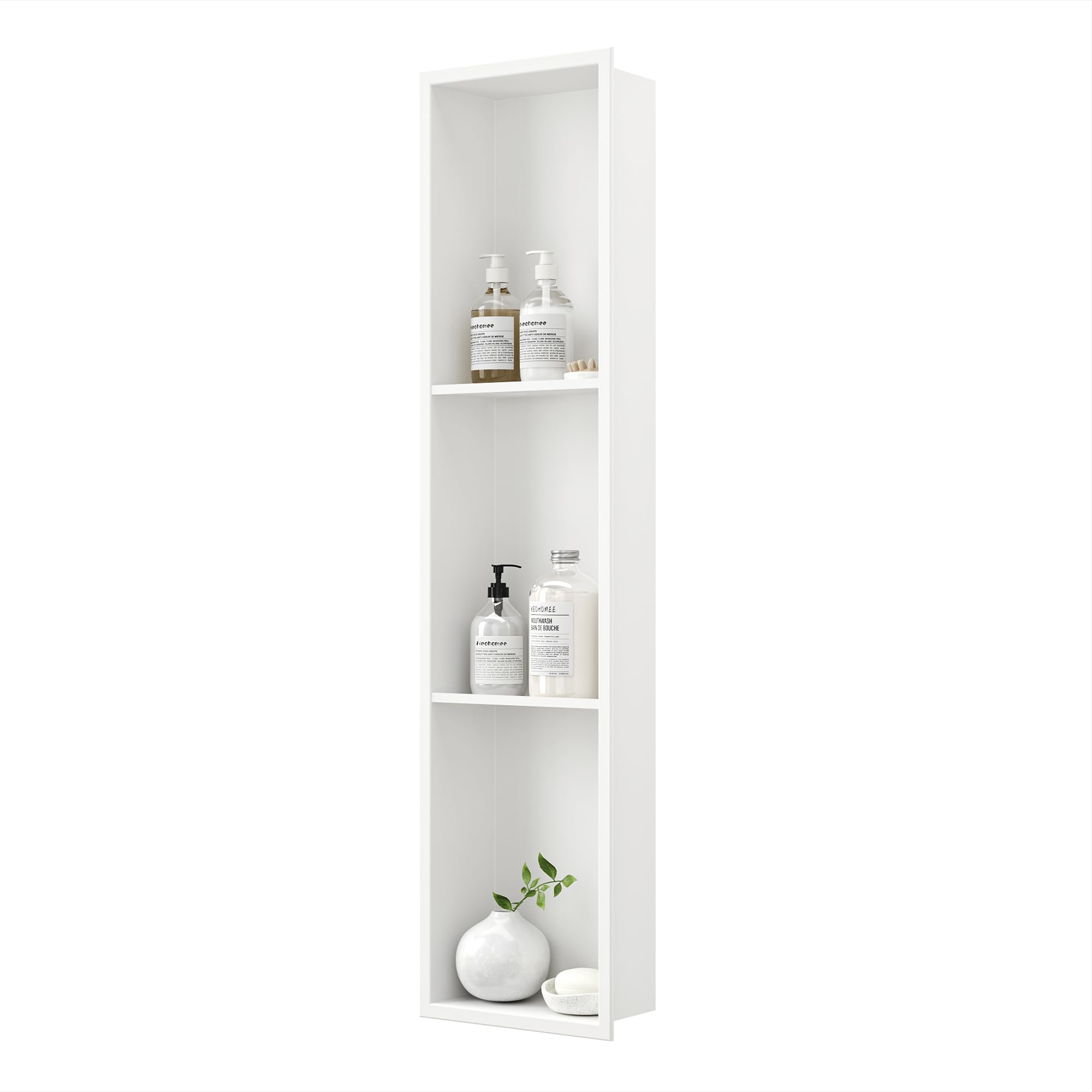 Neodrain 8X36 Inch White 3-Tier Stainless Steel Shower Niche - No Tile Required Recessed Bathroom Storage Shelf | Built-in Wall Organizer for Shampoo, Soap & Bath Essentials | Perfect for Modern Bathrooms & Spa Showers