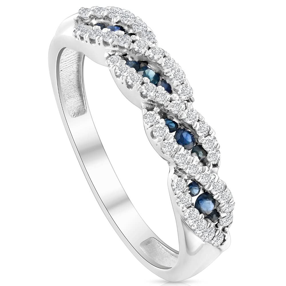 1/3 Ct Blue Sapphire & Diamond Ladies Swirl Wedding Ring - 10k White Gold Engagement Band for Women - Perfect for Bridal, Anniversary, and Valentine's Day Gifts