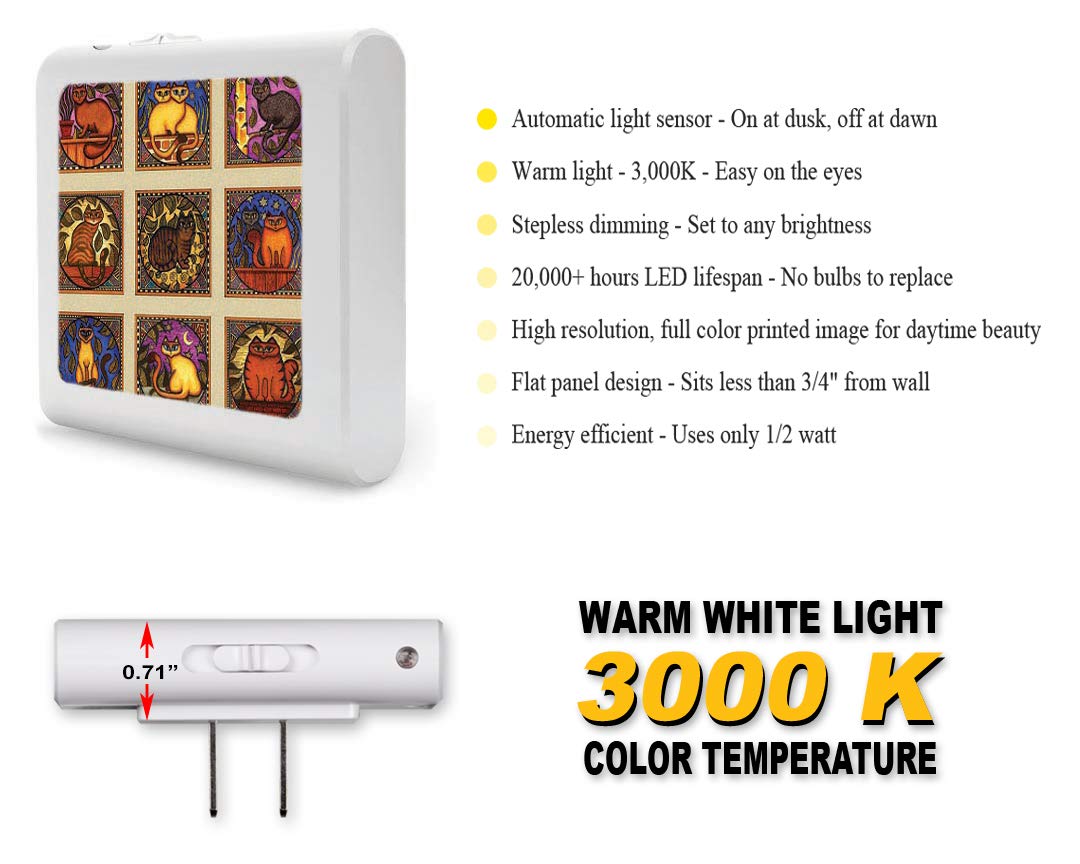 Dimmable LED Night Light with Auto On/Off Sensor - Adjustable Brightness Warm White Light for Bathroom, Hallway, Nursery & Bedroom - Mosaic Cats Design by Dan Morris - Perfect for Kids Rooms, Stairways & Nighttime Safety