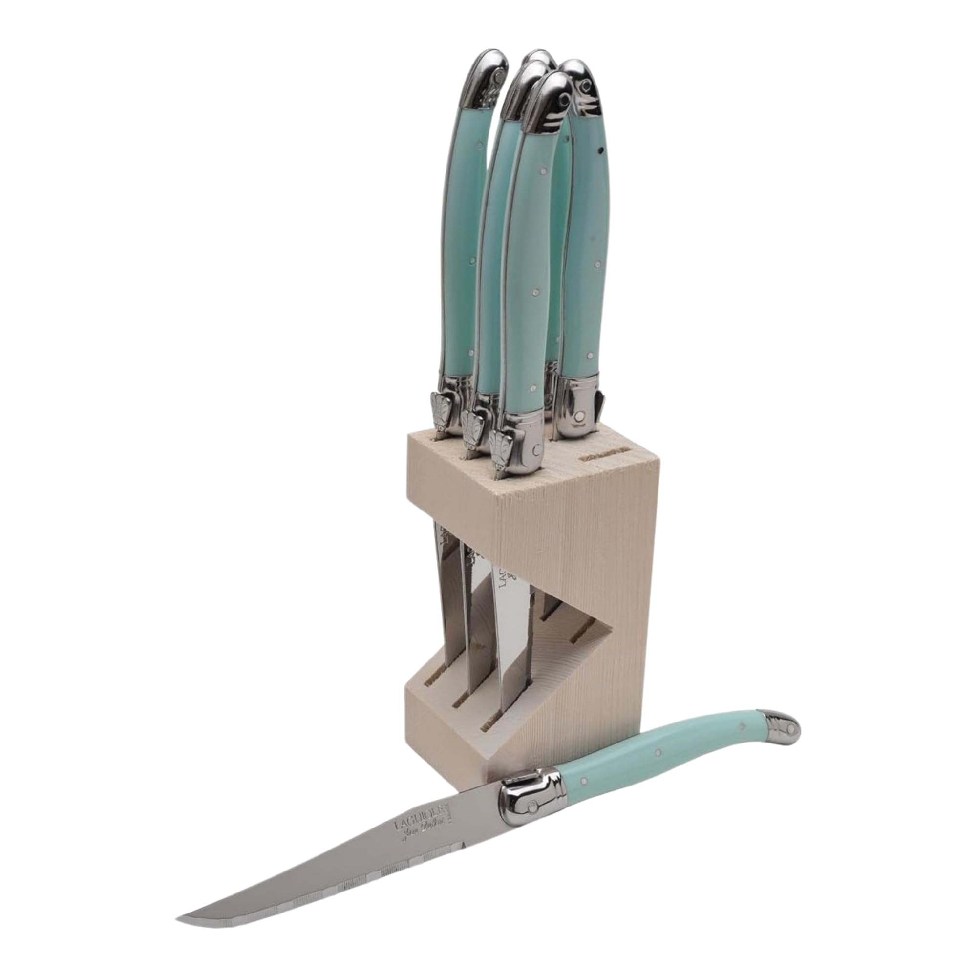Premium Jean Dubost Laguiole 6-Piece Steak Knife Set with Turquoise Handles - 1.2mm High-Carbon Stainless Steel Blades - Rust-Resistant & Durable - Includes Elegant Wooden Block - Made in France - Perfect for Fine Dining, Steakhouse Experience & Gift Giving
