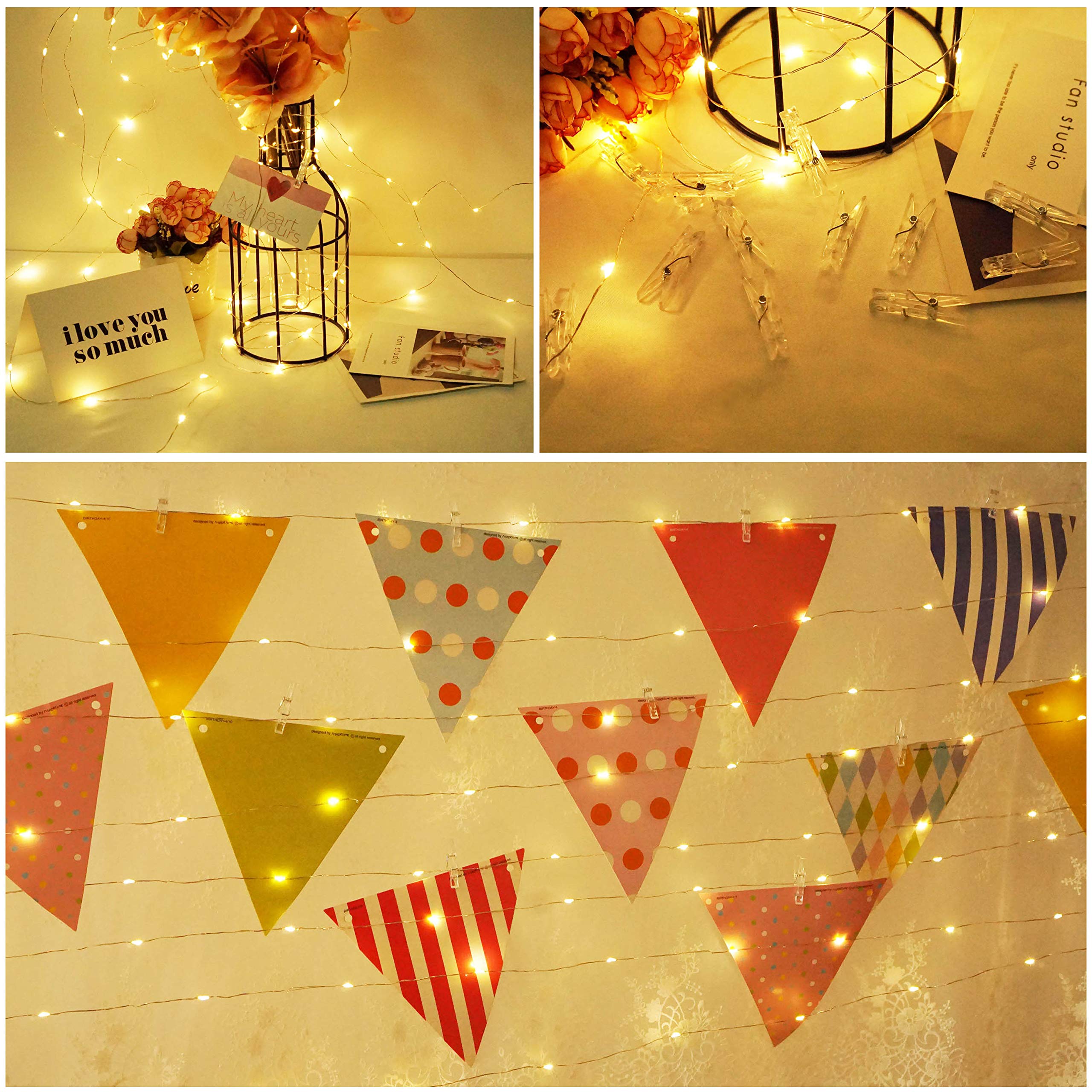 100 LED USB Fairy String Lights with 50 Clear Clips & Remote - Silver Wire Photo Display Lights for Wall Decor, Wedding, Christmas Party | Perfect for Bedroom, Living Room, Nursery & Outdoor Decorations