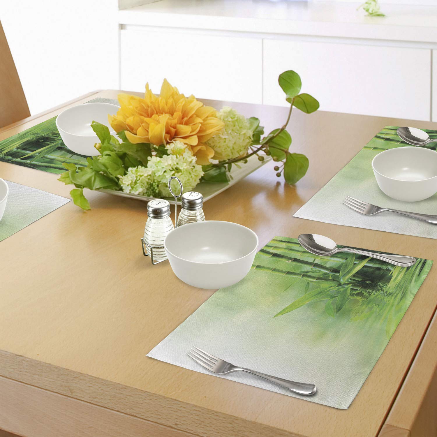 Ambesonne 4-Pack Japanese Nature Spa Themed Placemats - Tree Branches Reflection on Water Design, Washable Fabric Dining Table Mats, Standard Size Pale Yellow Green for Home, Restaurant & Zen Decor