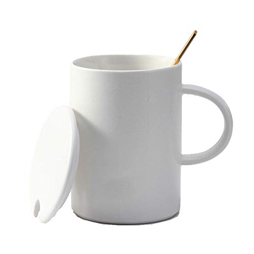 Premium Ceramic Coffee Mug with Lid and Spoon - Geometric Embossed Design for Hot/Cold Drinks - Ideal for Coffee, Tea, Milk or Water - Perfect for Home, Office or Gift Giving