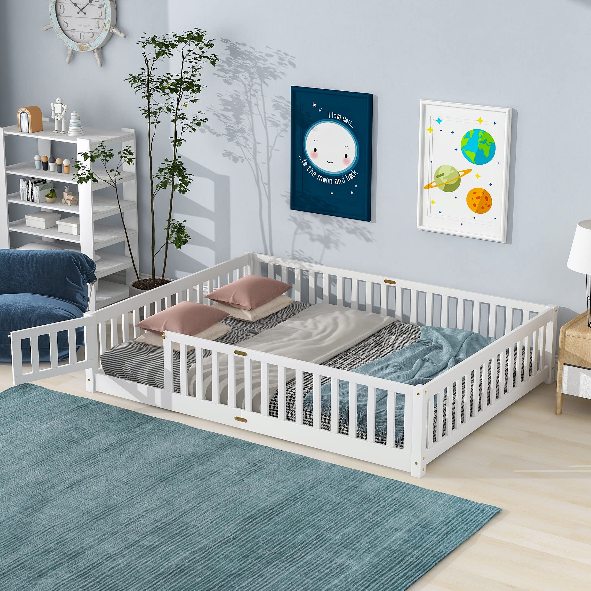 Montessori Floor Bed for Kids - i-POOK Queen Size Wooden Bed Frame with Safety Fence & Door, Sturdy Wood Slats Support, White Children's Floor Bed - Perfect for Montessori Bedrooms, Toddler Rooms & Daycare Centers