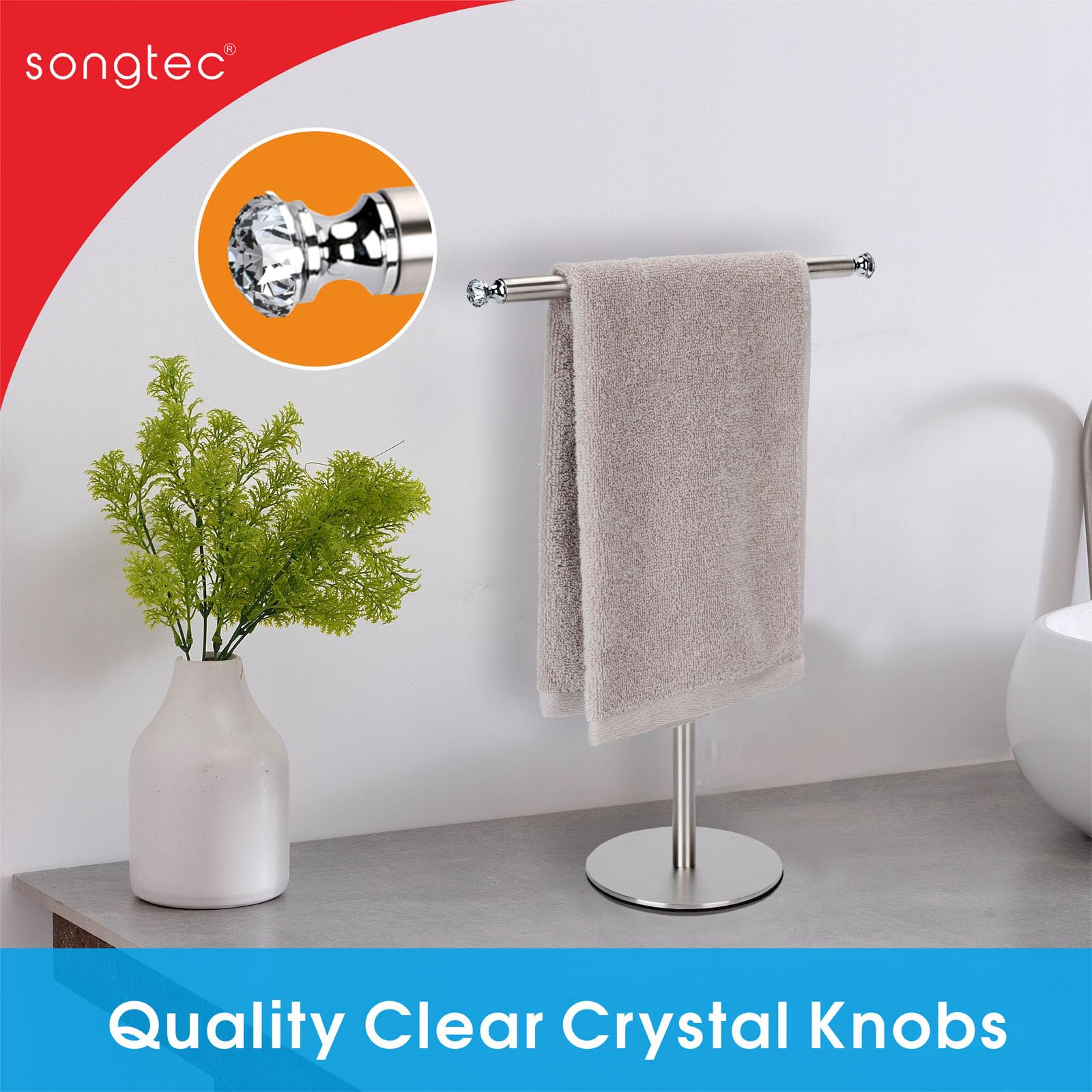 Songtec Hand Towel Holder Stand with Crystal Knobs - Rustproof Fingertip Towel Rack & Jewelry Display Stand in Brushed Nickel Finish - Perfect for Bathroom, Kitchen, and Vanity Organization