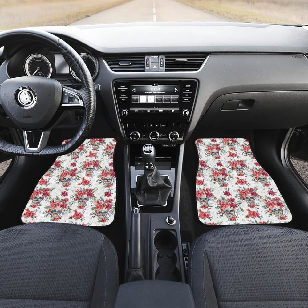 4 Pcs Floral Sugar Skull Car Mats - Non-Slip Floor Mats for Cars, Trucks & SUVs - Perfect for Day of the Dead Decor & Mexican Themed Parties