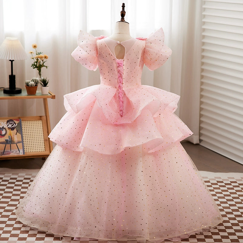 Pink Princess Round Floor Length Tulle Flower Girl Dress for Weddings, Birthday Parties & Special Occasions