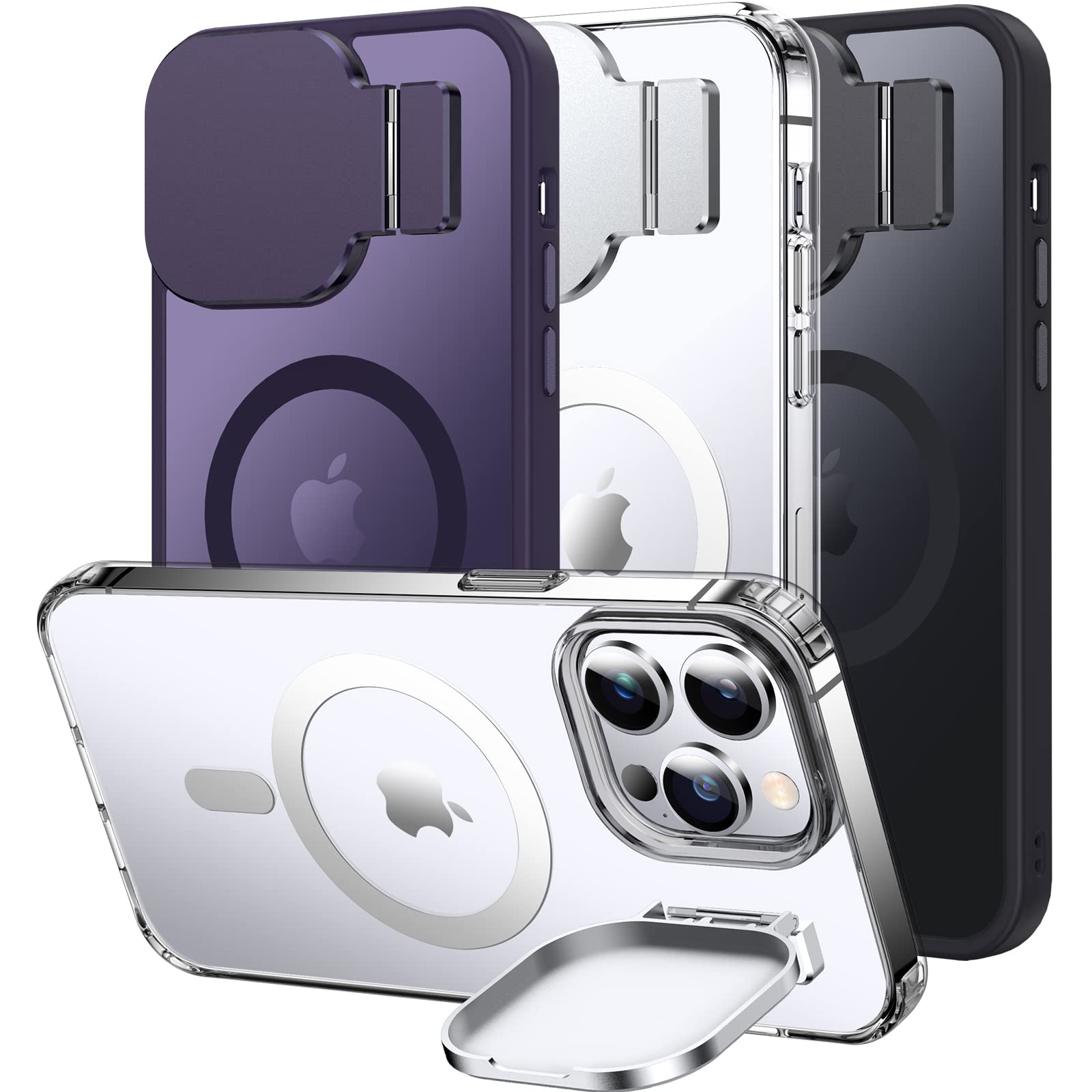 Premium Magnetic iPhone 14 Pro Max Case with Stand & Camera Cover - MagSafe Compatible, Shockproof & Dustproof Clear Protective Case for Daily Use, Travel & Work