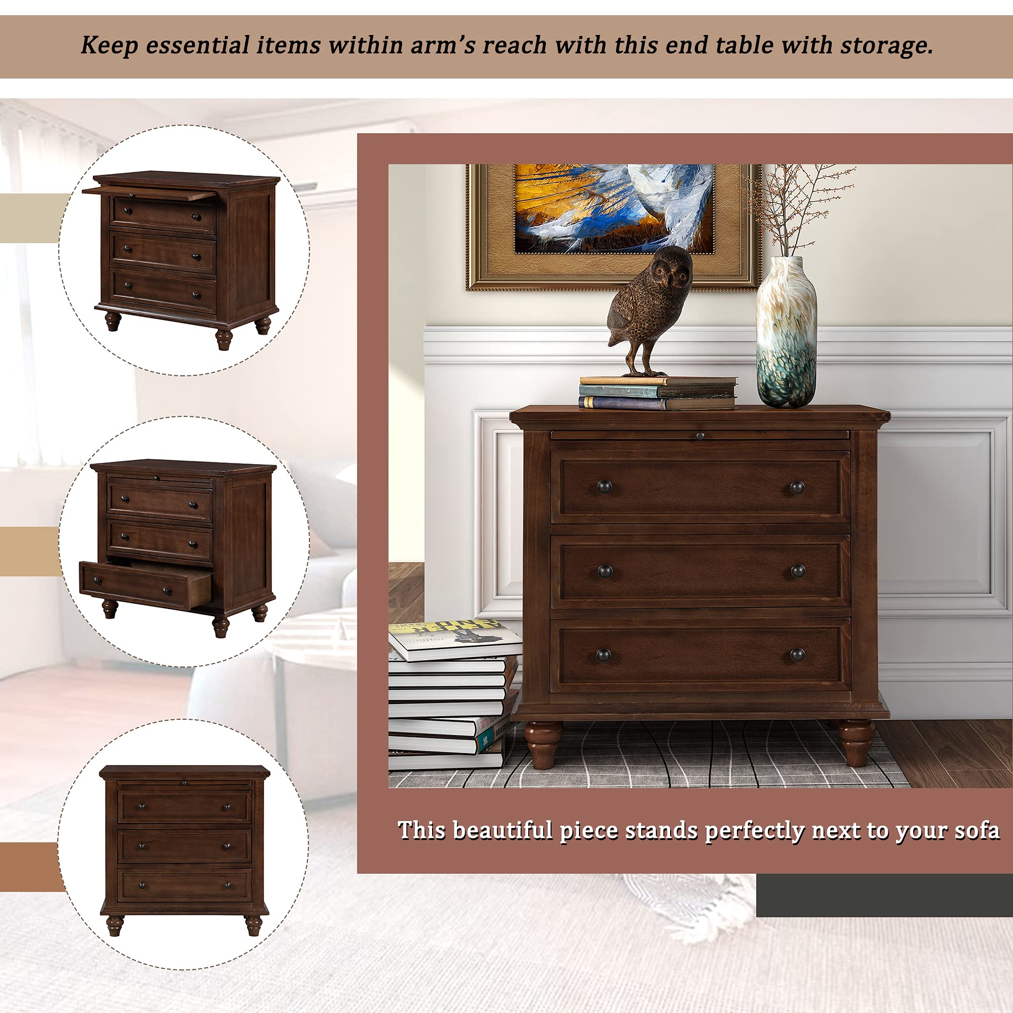 Modern 3-Drawer Nightstand with Pull-Out Tray - Brown Wooden End Table for Bedroom, Living Room & Office - Storage Organizer Chest for Home Decor & Small Space Organization