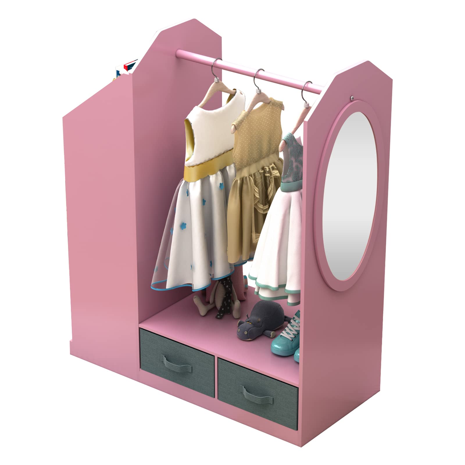 Shyneer Kids Costume Rack with Mirror & Storage Bin - Pink Playroom Dress Up Organizer for Pretend Play Clothes & Accessories | Perfect for Bedroom, Playroom & Daycare Costume Storage