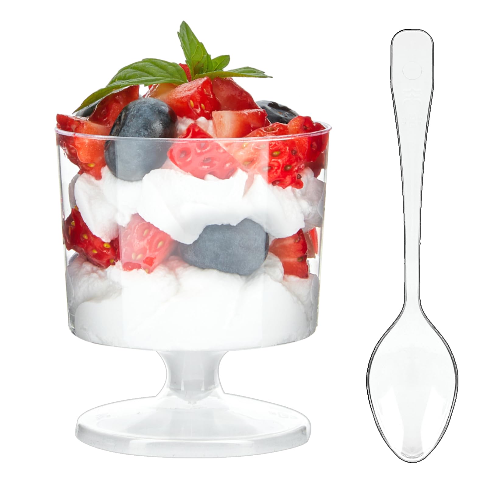 Zezzxu 100 Pack 2 oz Mini Dessert Cups with Spoons - Disposable Plastic Appetizer & Mousse Cups - Small Wine Glasses for Individual Pudding Shots, Cocktails, Trifle - Perfect for Parties, Catering & Dessert Serving