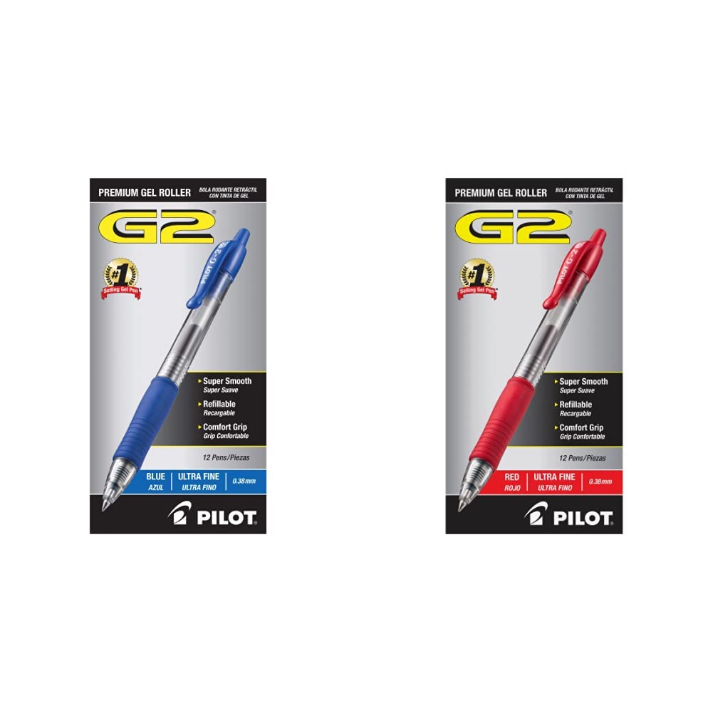 PILOT G2 Premium Refillable Retractable Gel Pens - 12 Pack Fine Point Black Ink (31278) & Ultra Fine Point Red Ink (31279) - Smooth Writing for Office, School, Note Taking & Gift Giving
