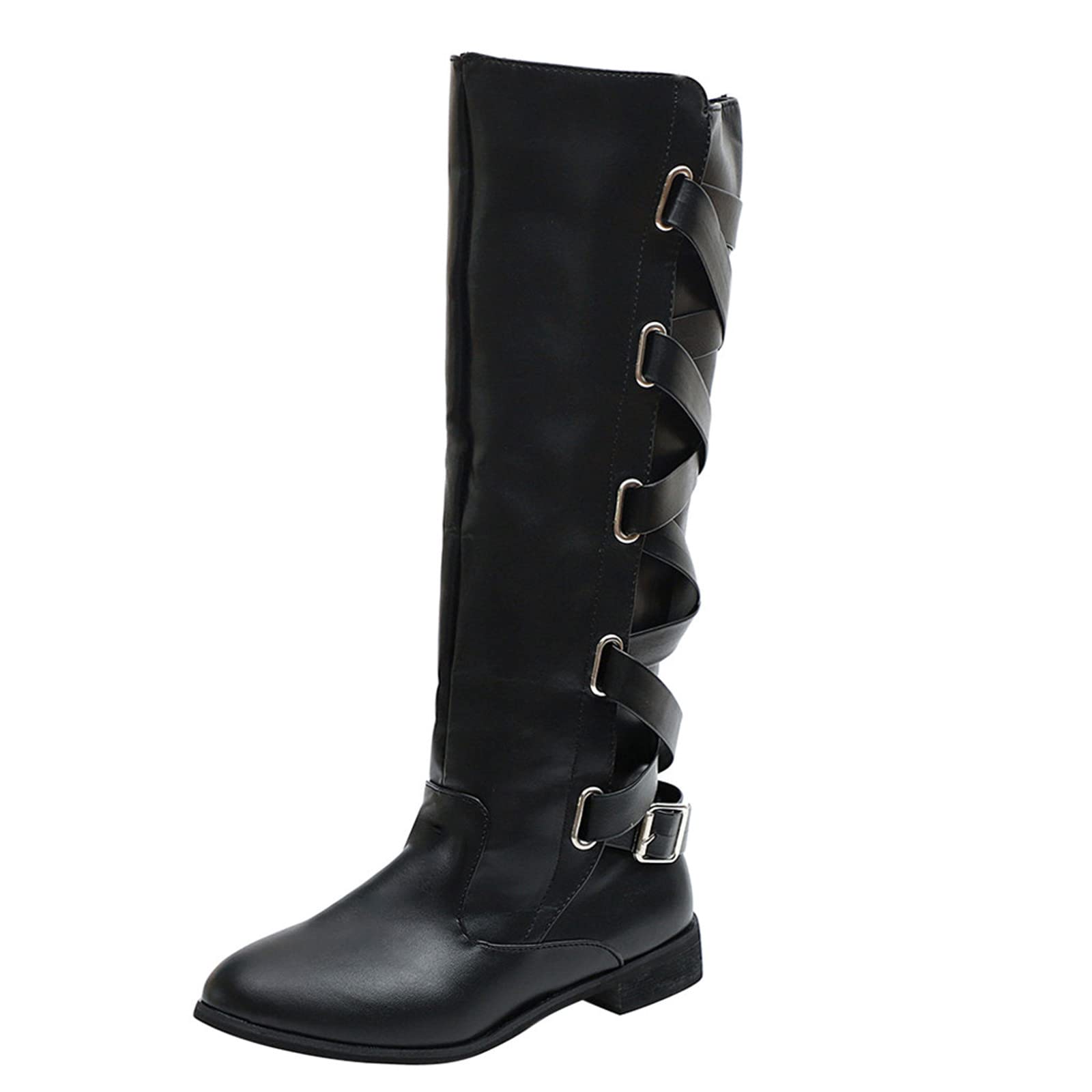 Vintage Knee-High Flat Heel Leather Boots for Women - Mid Calf Retro Winter Boots (Size 10) - Perfect for Office, Date Night & Cold Weather Fashion