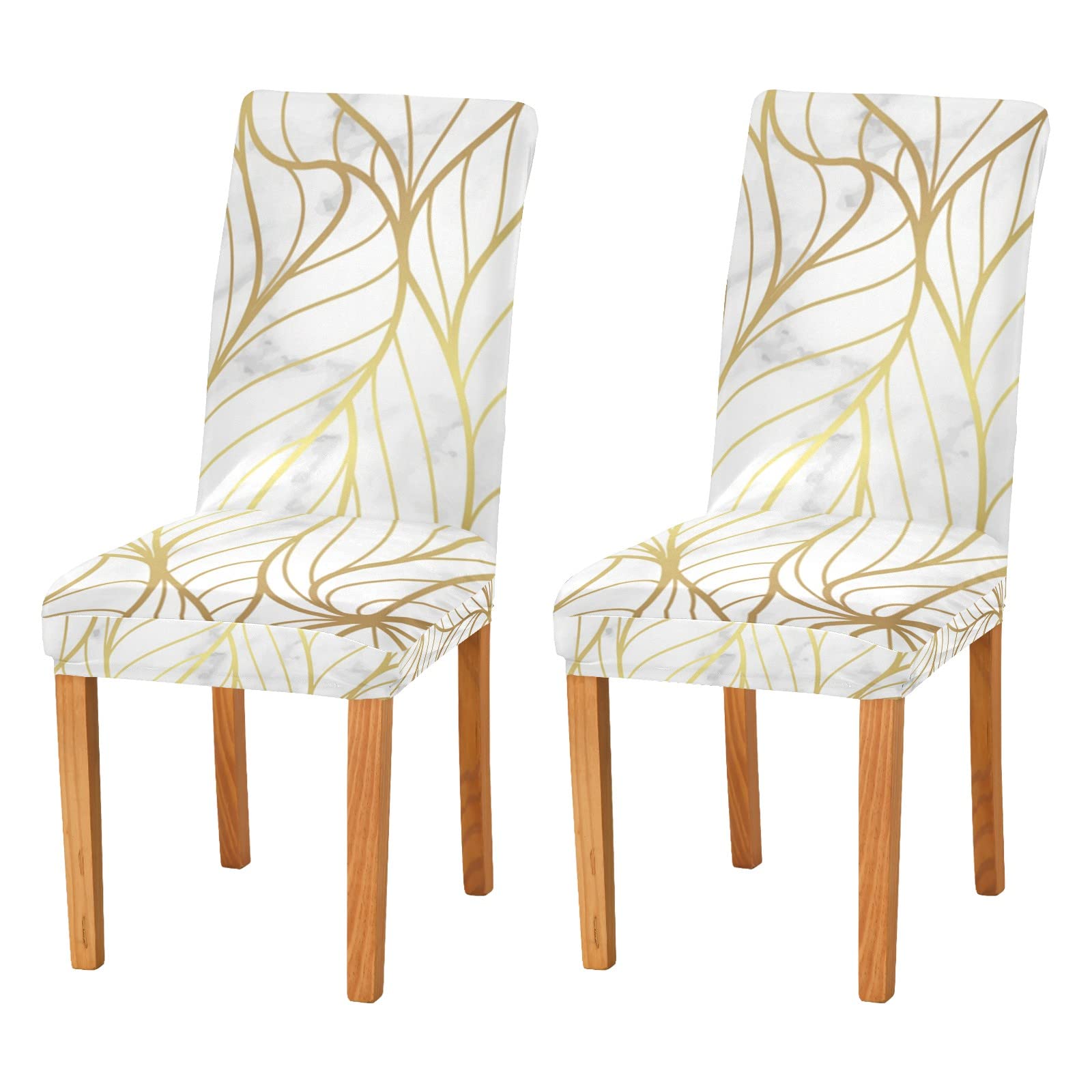 ALAZA Gold Marble Design Stretch Chair Covers Set - Washable Dining Room Chair Protectors with Nature Leaf Pattern for Kitchen, Restaurant, Hotel | Perfect for Home Decor, Wedding Banquets, and Commercial Use