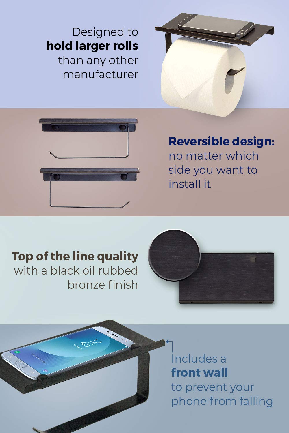 Modern Reversible Toilet Paper Holder with Phone Shelf - Oil Rubbed Bronze Bathroom Organizer for Small Spaces | Perfect for Bathrooms, Powder Rooms & RVs
