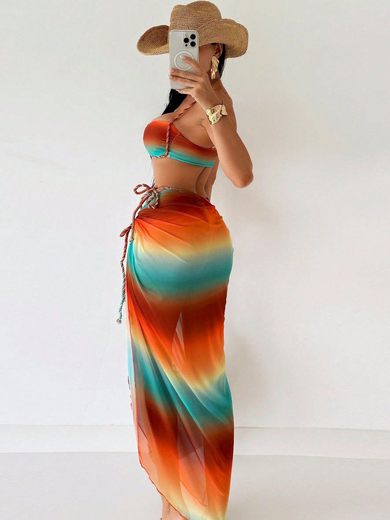 ZASUWA Women's Sexy Tie-Dye Rainbow Contrast Color 3-Piece Bikini Set - Swimwear for Beach, Pool Party & Summer Vacation