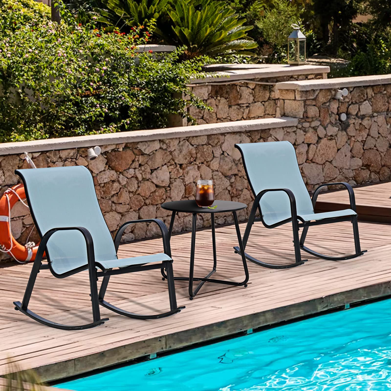 Outdoor 3-Piece Patio Bistro Rocking Chair Set - Comfortable Rocker Seating for Front Porch, Garden, Backyard & Deck - Weather-Resistant Blue Furniture for Relaxing & Entertaining