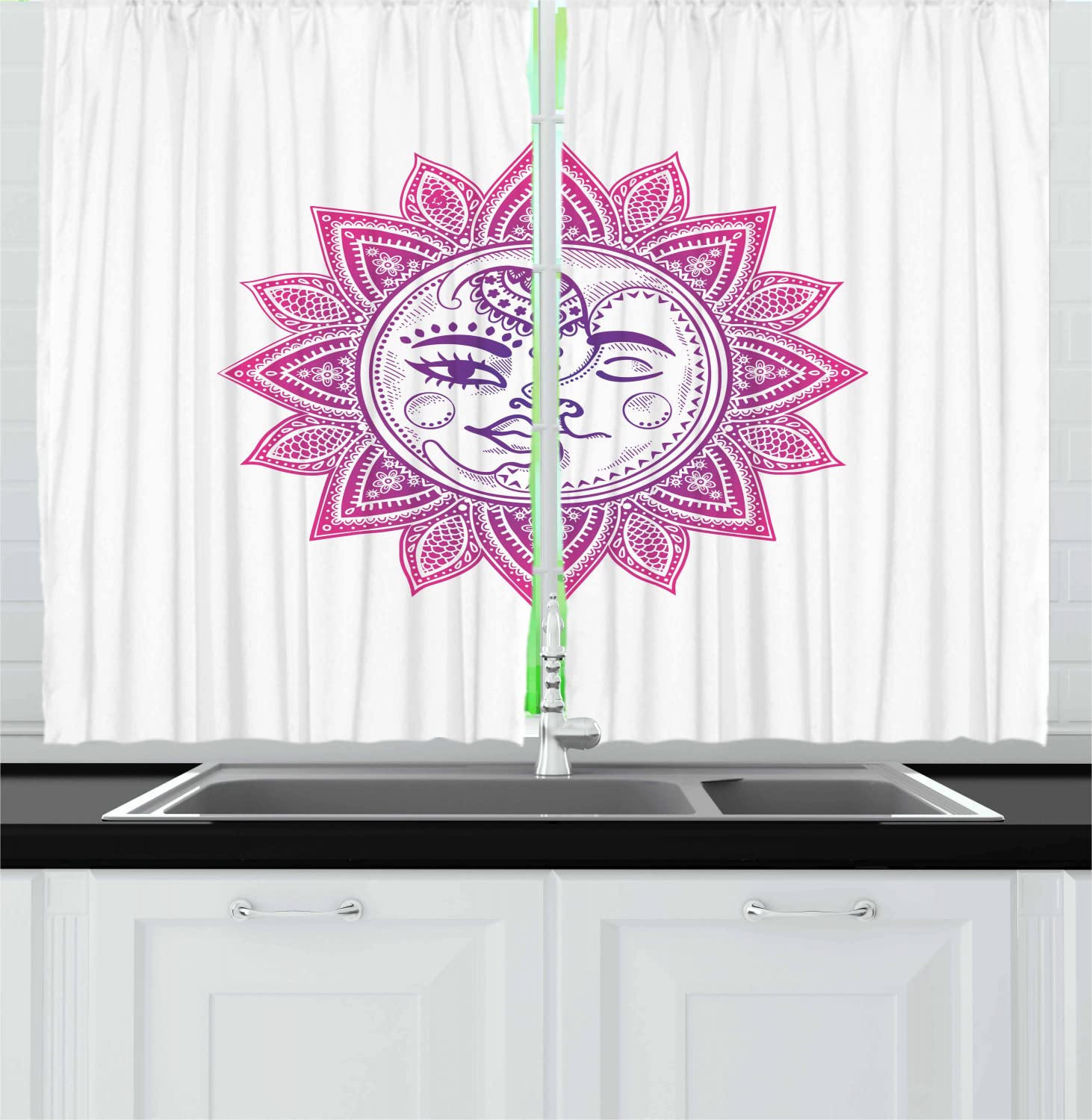 Ambesonne Vintage Floral Sun Long Kitchen Curtains - 2 Panels with Rod Pocket, 55