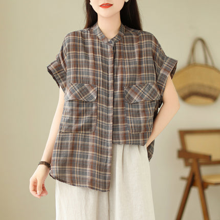 Women's Plaid Short Sleeve Button Up Shirt - Casual & Stylish Summer Top for Work, Outing, and Travel