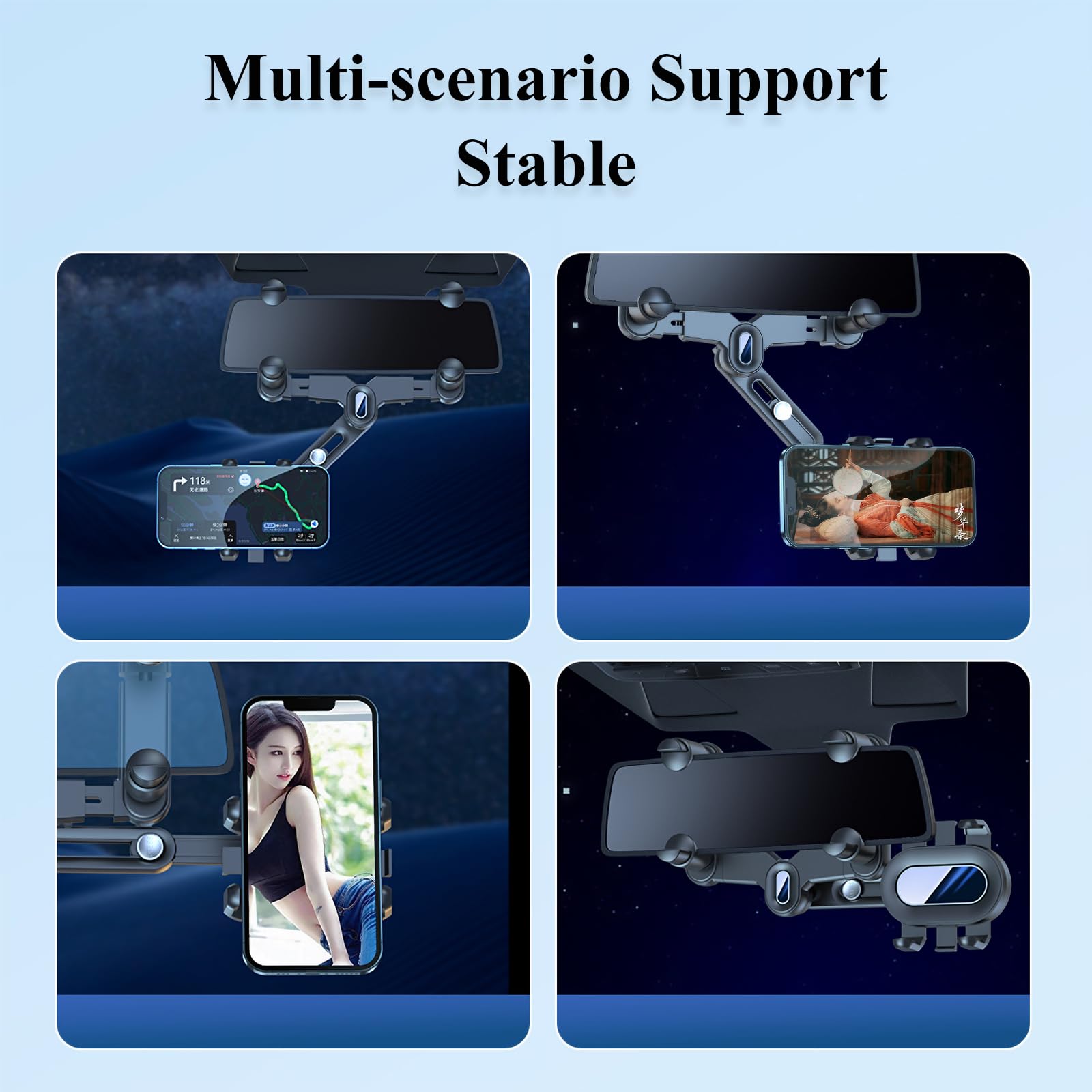 Rotatable Car Phone Mount for iPhone Samsung - Rear View Mirror Holder for 4-7IN Phones, Perfect for GPS Navigation