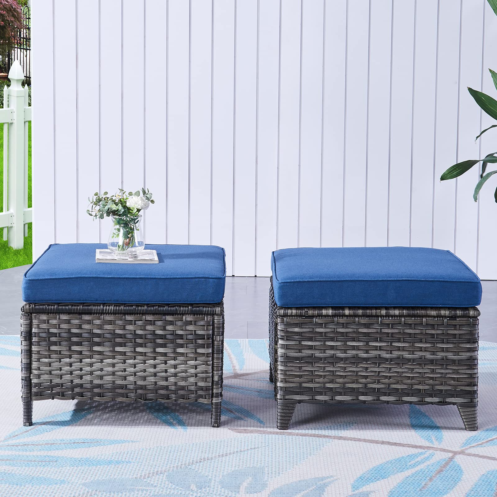 2-Piece Outdoor Wicker Ottoman Set with Thick Cushions - Grey/Blue Rattan Patio Footrests for Garden, Poolside & Deck Relaxation