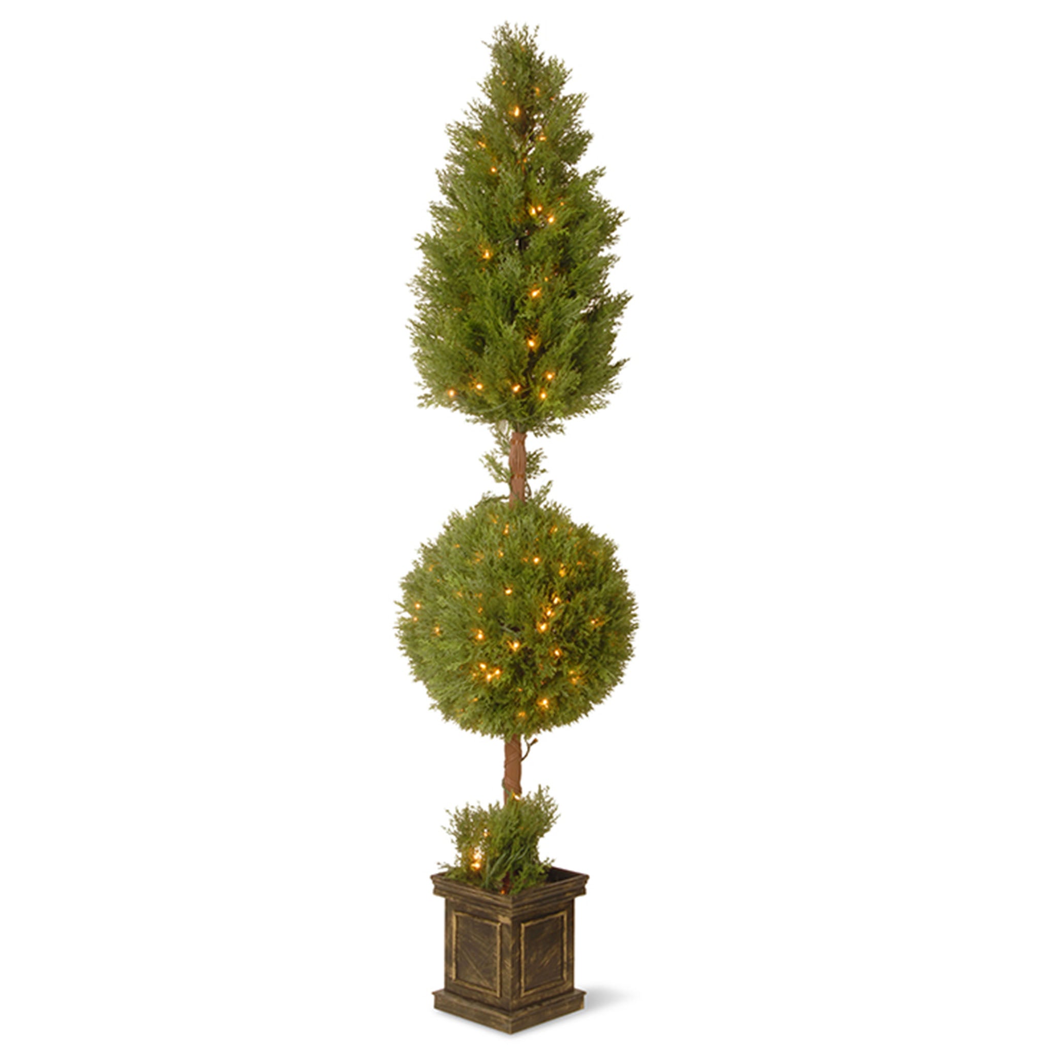 72 in. Pre-Lit Juniper Cone and Ball Topiary Tree in Black Square Pot with Clear Lights - Perfect for Indoor/Outdoor Holiday Decor, Christmas Party Centerpiece & Home Garden Decoration