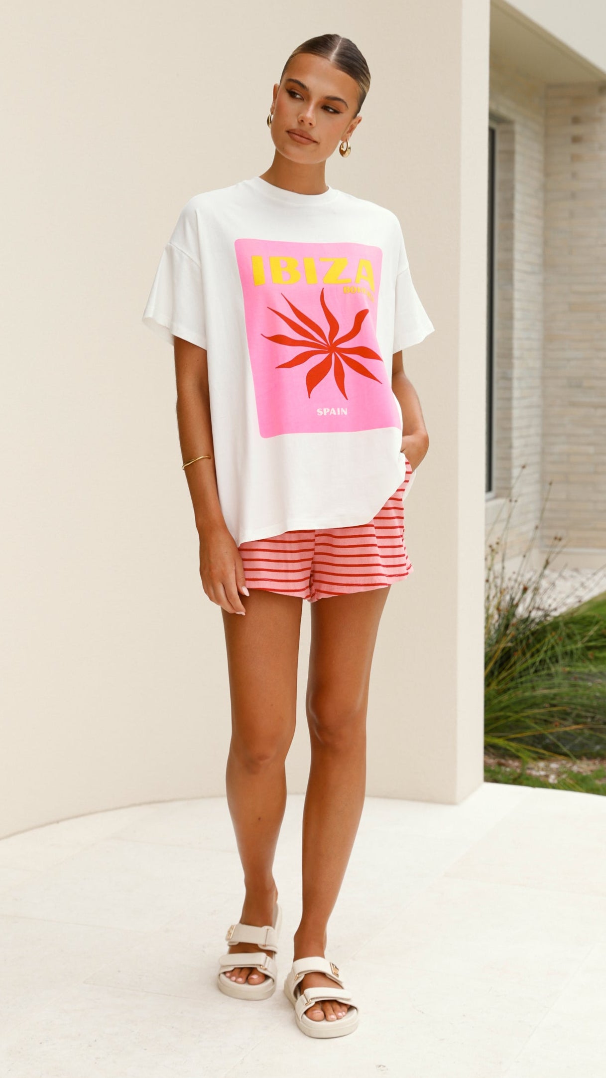Ibiza Spain Women's Summer Outfit - Pink & Red Floral Top and Shorts Set | Beachwear, Vacation, Party