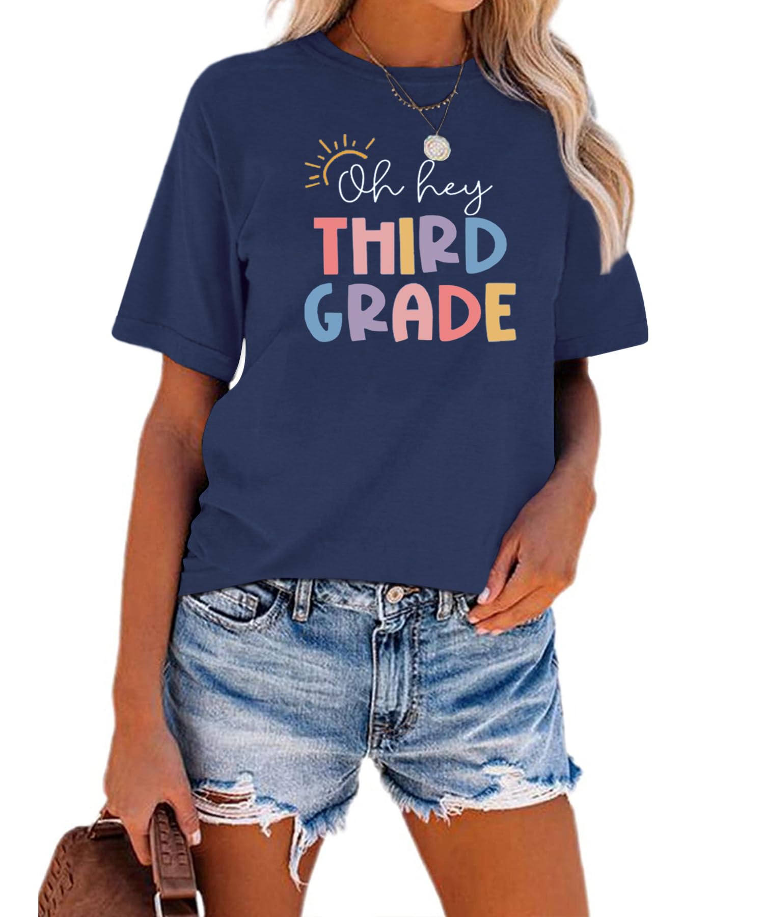 Funny First Day of School Teacher T-Shirts for Women - Cute Letter Print Back to School Outfits - Perfect for Classroom, Teacher Appreciation & School Events