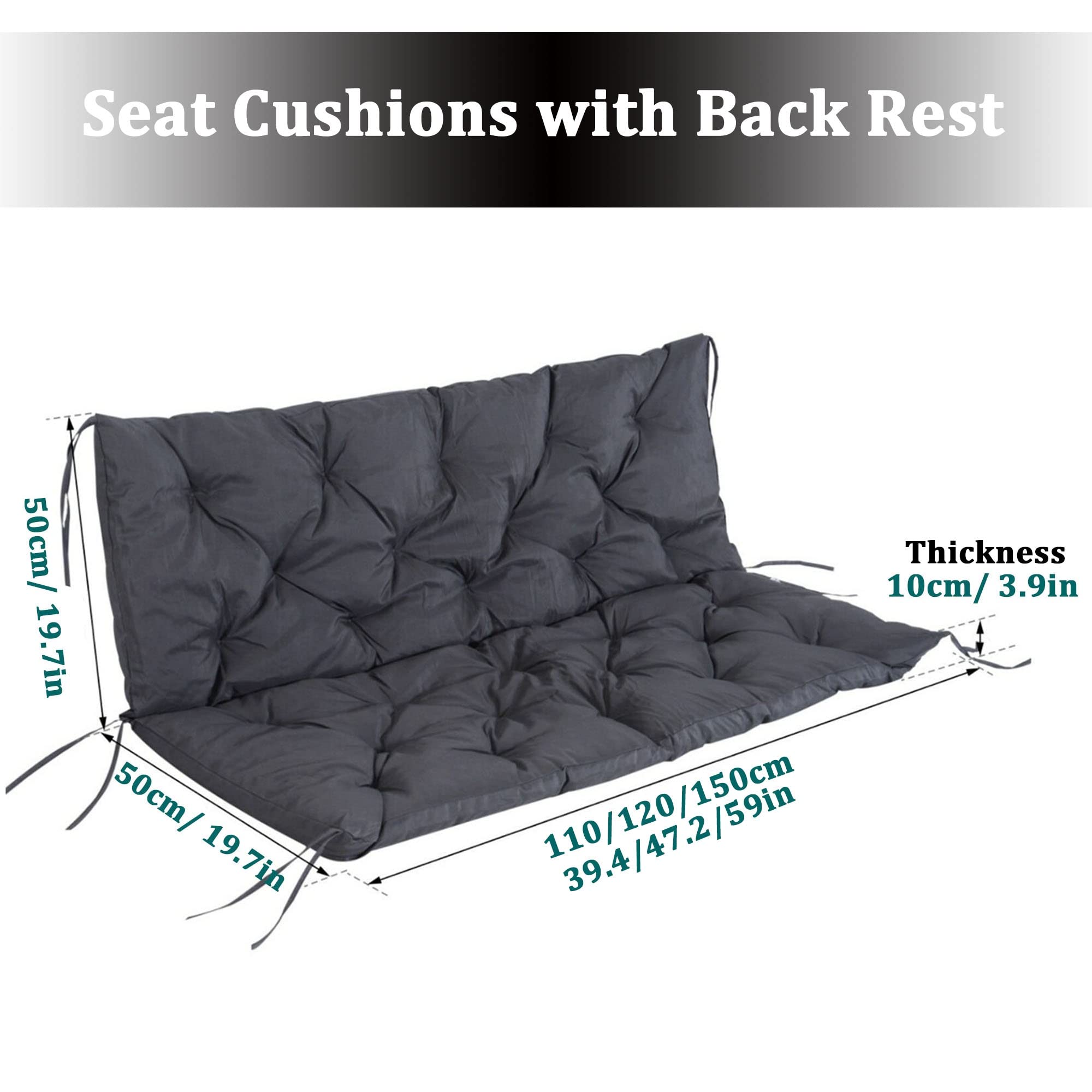 2-3 Seater Bench Cushion with Backrest - Waterproof Non-Slip Replacement Seat Pad for Outdoor Porch Swing, Garden Patio Furniture - Perfect for Relaxing in Backyard, Deck or Poolside
