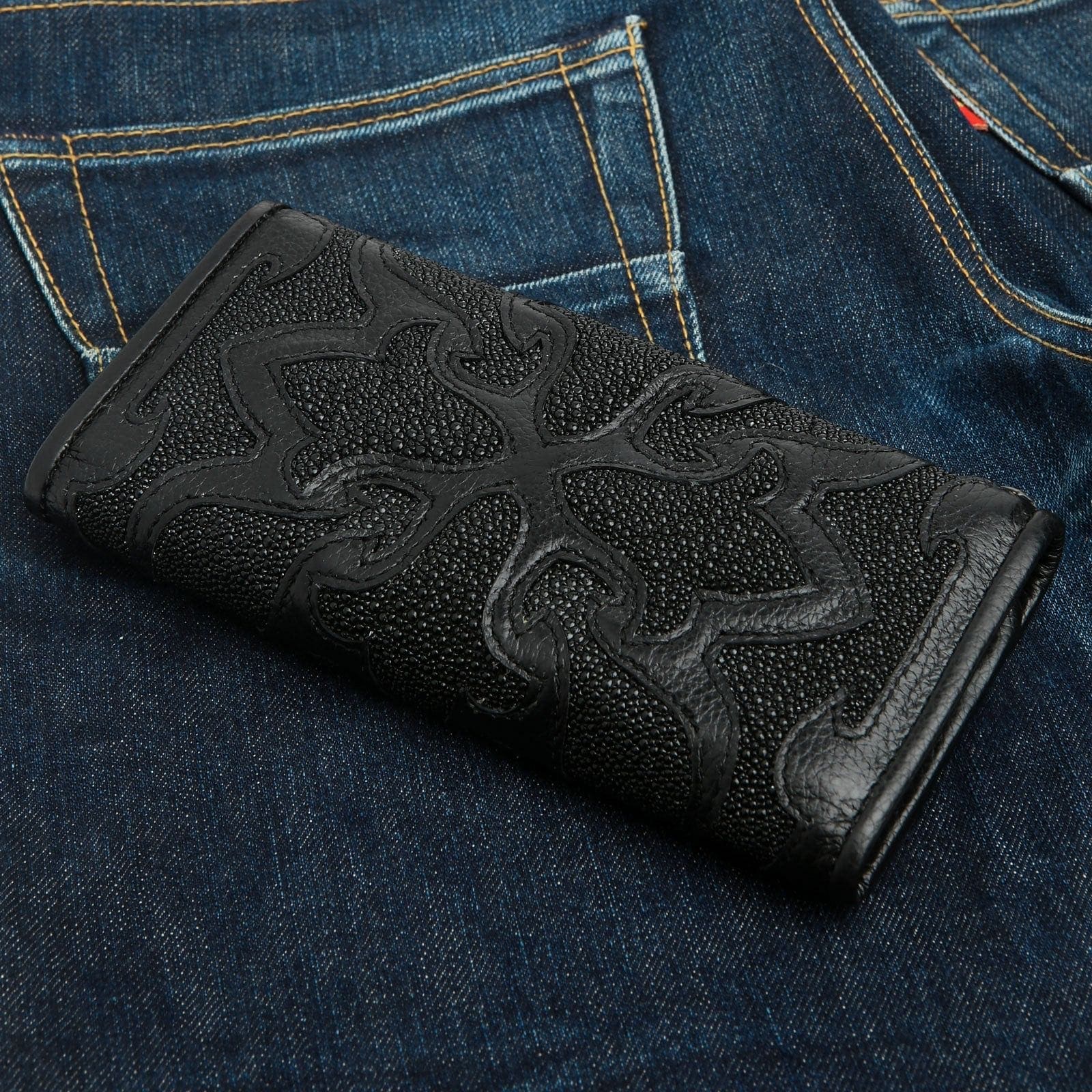 Tribal Black Genuine Leather Trifold Biker Wallet for Men - RFID Blocking Motorcycle Wallet with ID Window & Card Slots - Perfect for Riders, Travel & Everyday Use