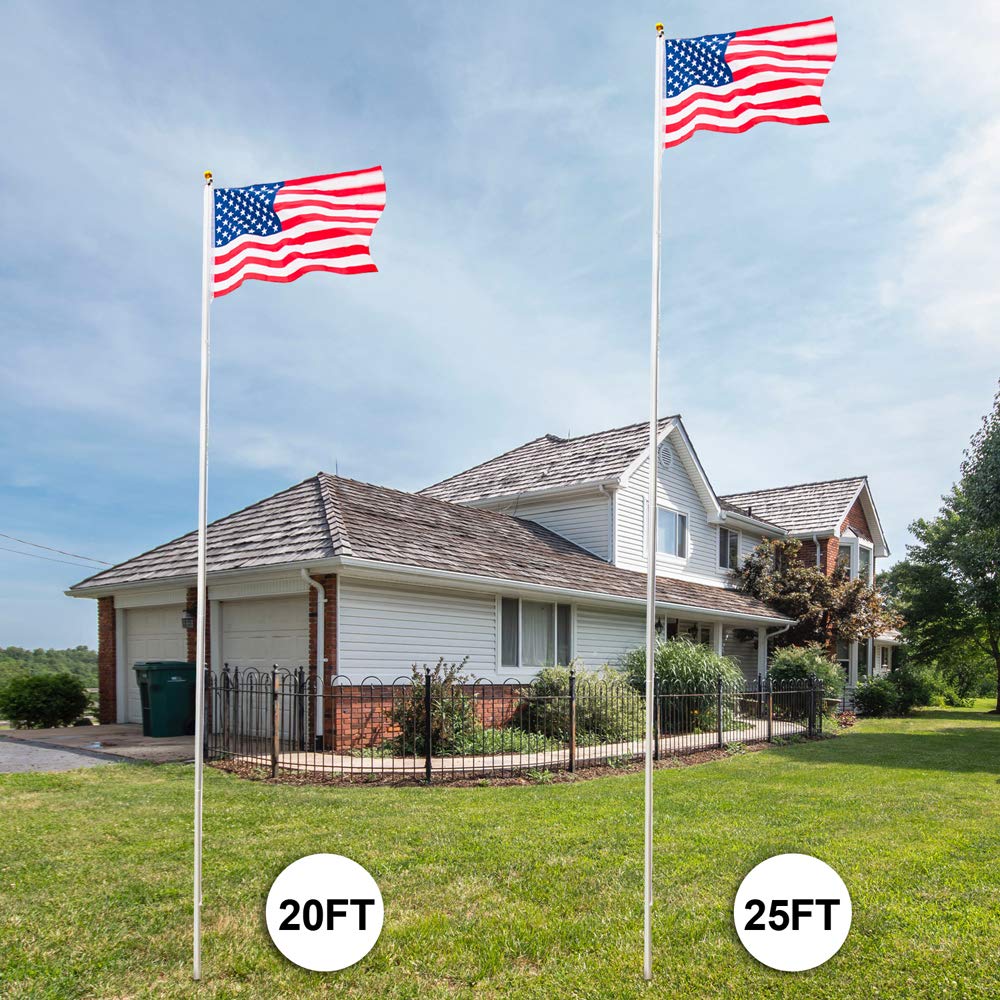 20FT/25FT American Flag Pole Kit with 3x5FT US Flag - 16 Gauge Aluminum Portable Ground Sectional Halyard Pole for Outdoor Commercial & Residential Use - Perfect for Patriotic Displays, Government Buildings, Schools & Backyards