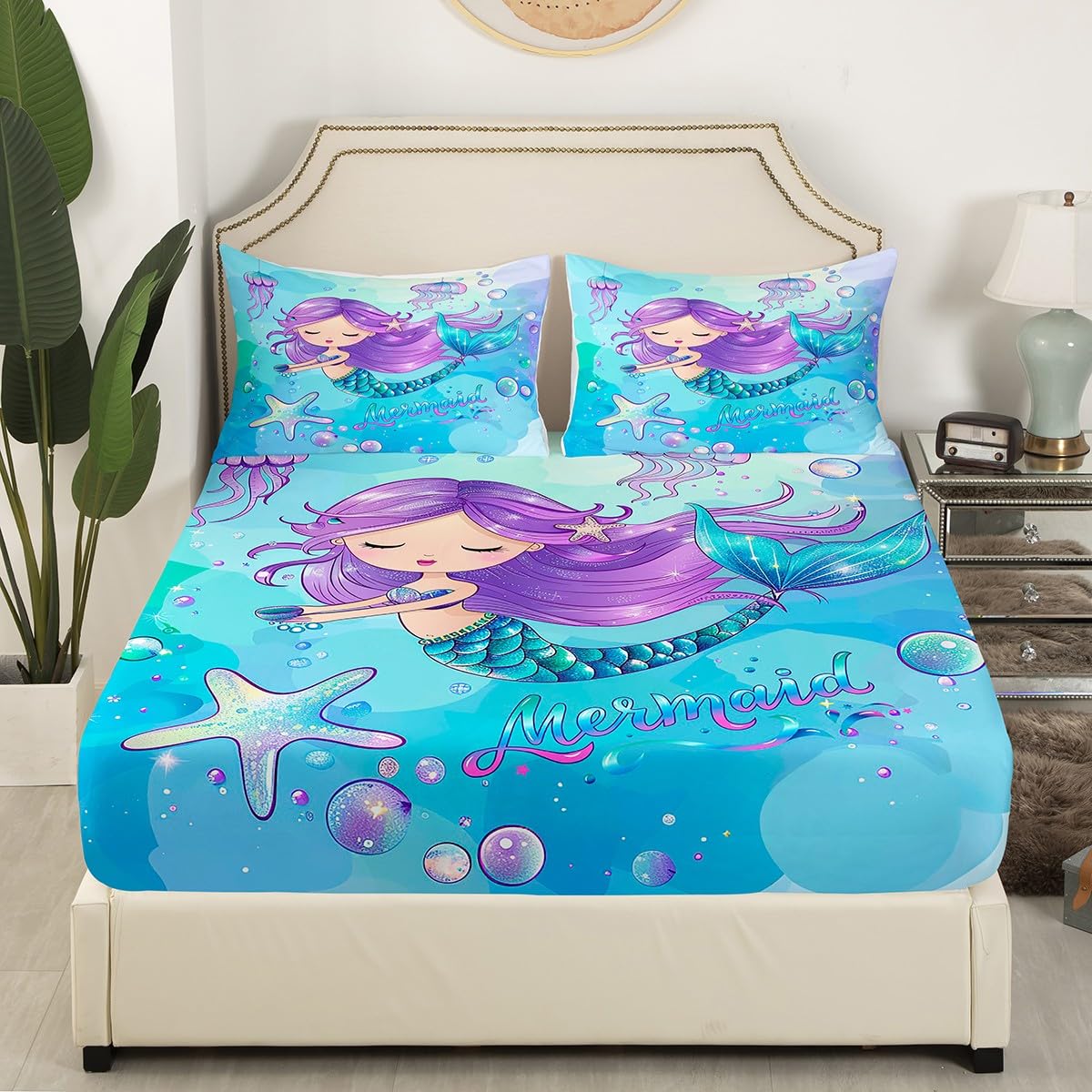 Erosebridal Queen Size Mermaid Bed Sheet Set - 4 Piece Ocean Themed Tie Dye Sheets with Starfish & Jellyfish Print, Includes Fitted Sheet, Flat Sheet & 2 Pillowcases (Blue Purple) - Perfect for Kids Rooms, Beach Themed Decor & Mermaid Lovers