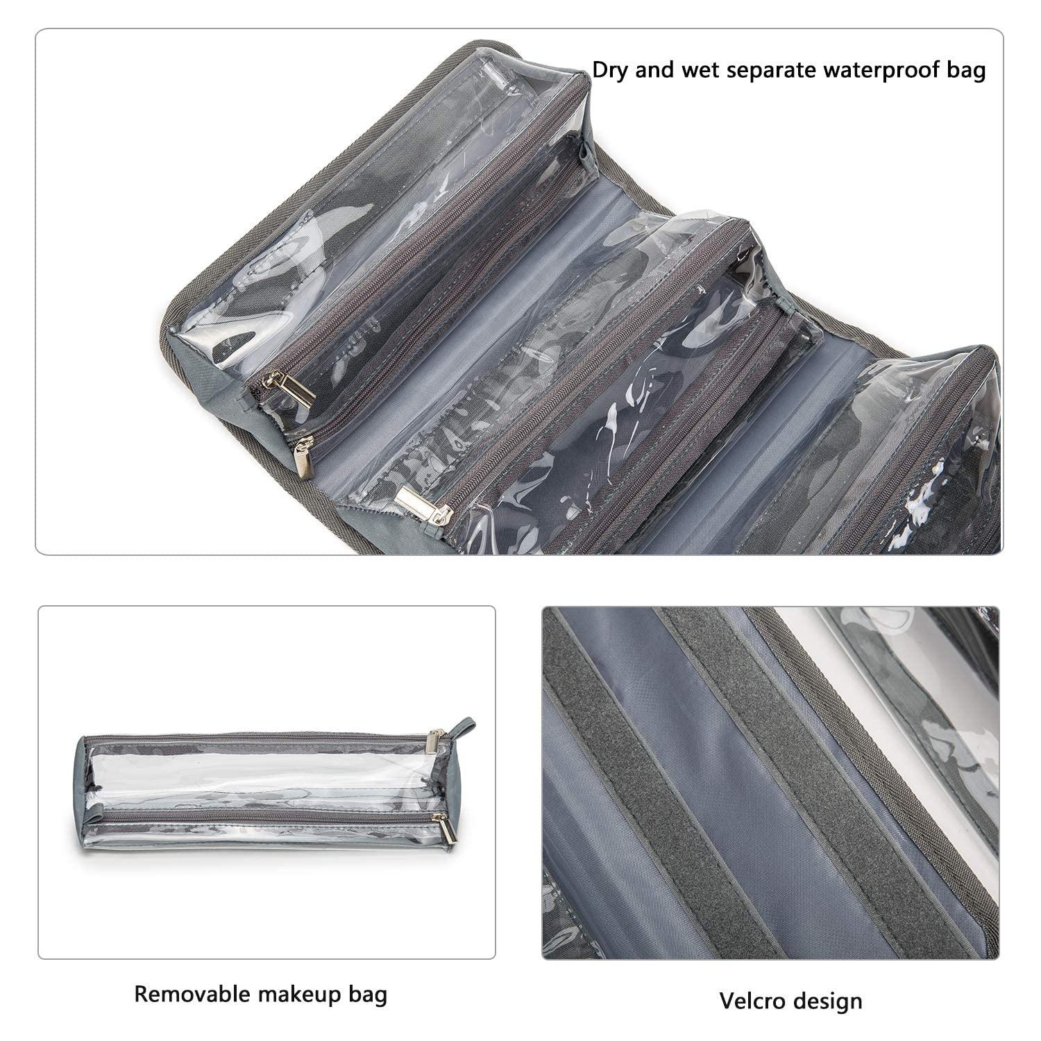 Royal FAIR Hanging Toiletry Bag with 4 Removable PVC Pouches - Large Waterproof Travel Cosmetic Organizer for Makeup & Hygiene Essentials (Grey) - Perfect for Camping, Gym, Business Trips & Vacation Packing